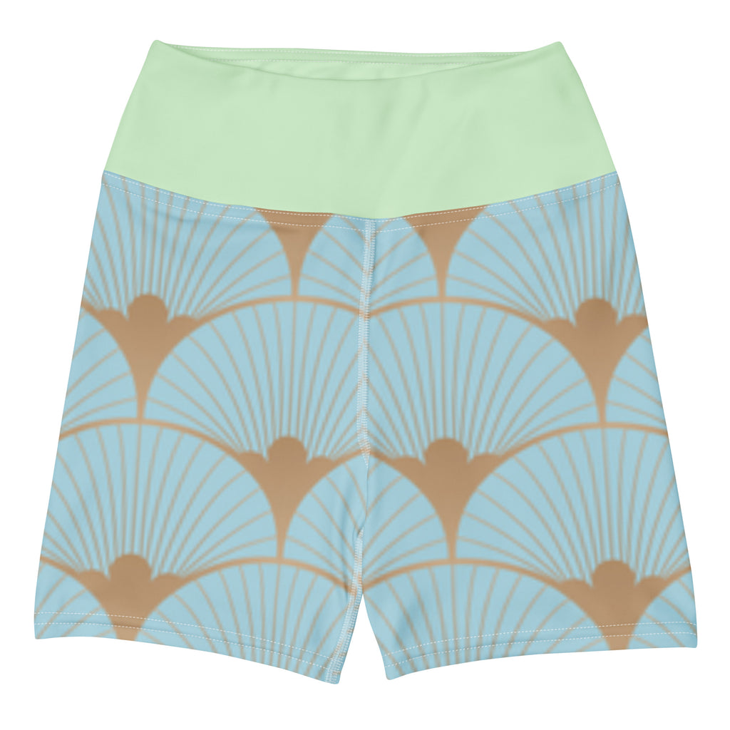 Short de fitness vert menthe à motif éventails art déco, taille élastique