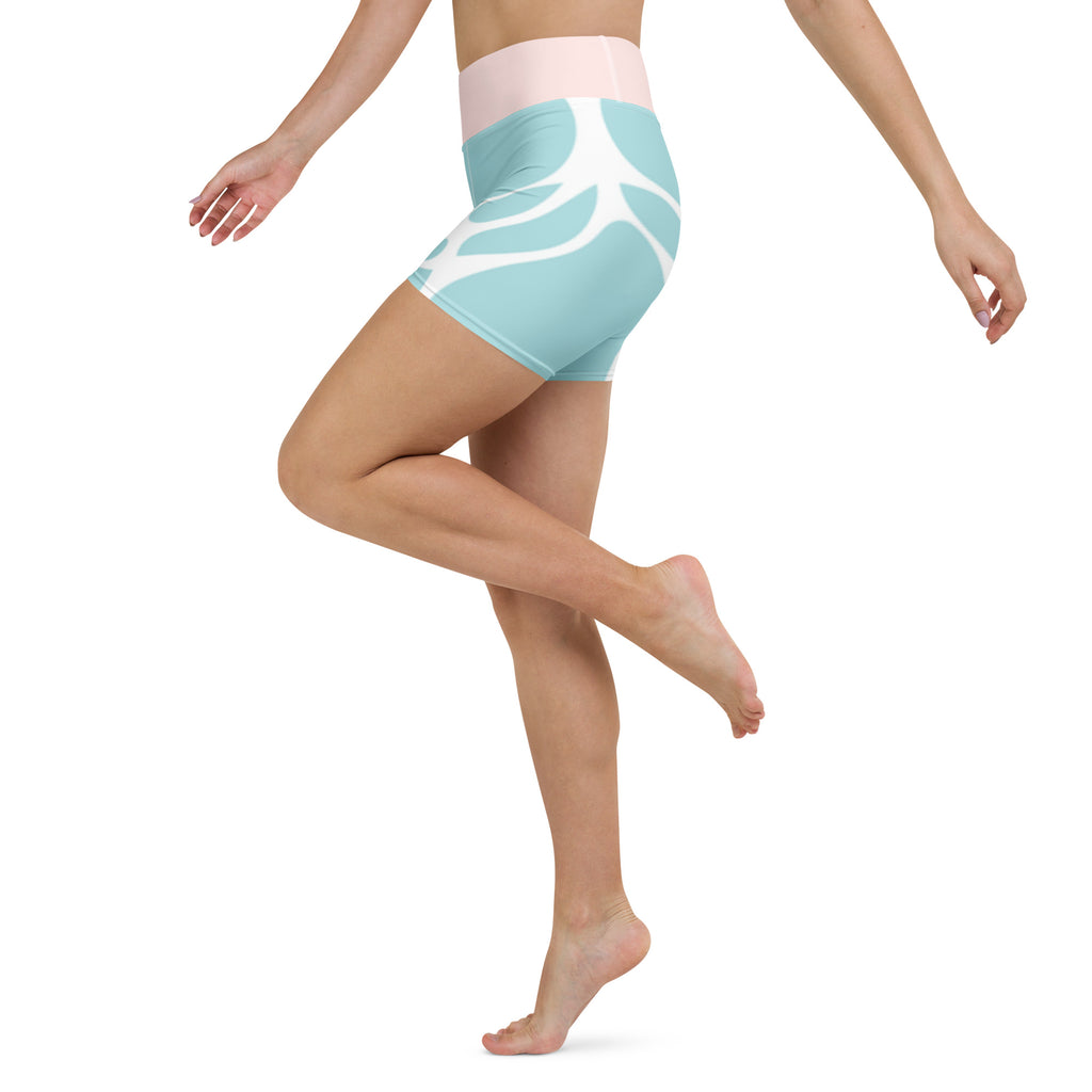 Short de fitness turquoise à motif abstrait blanc, taille rose, porté debout
