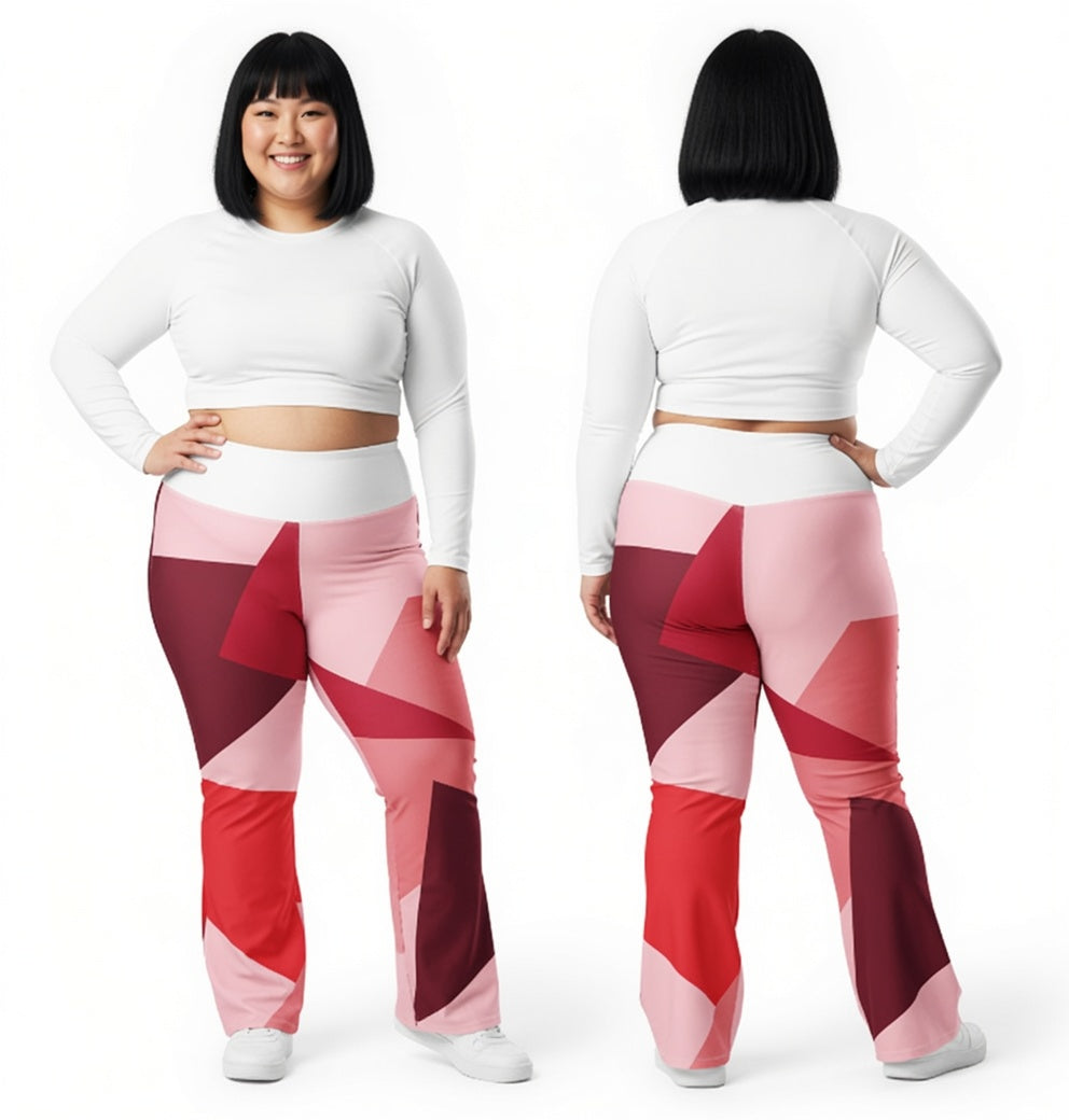 Legging évasé, motif géométrique patchwork rose, rouge et bordeaux.