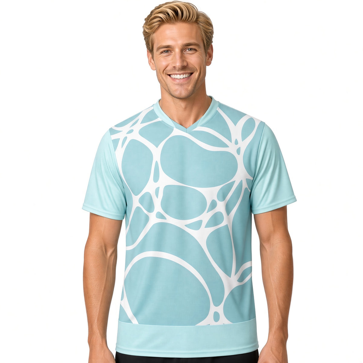 T-shirt homme bleu aqua imprimé blanc, coupe près du corps, col V et manches courtes.