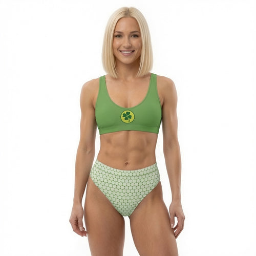 Bikini deux pièces vert : haut uni et bas taille haute à motifs trèfle