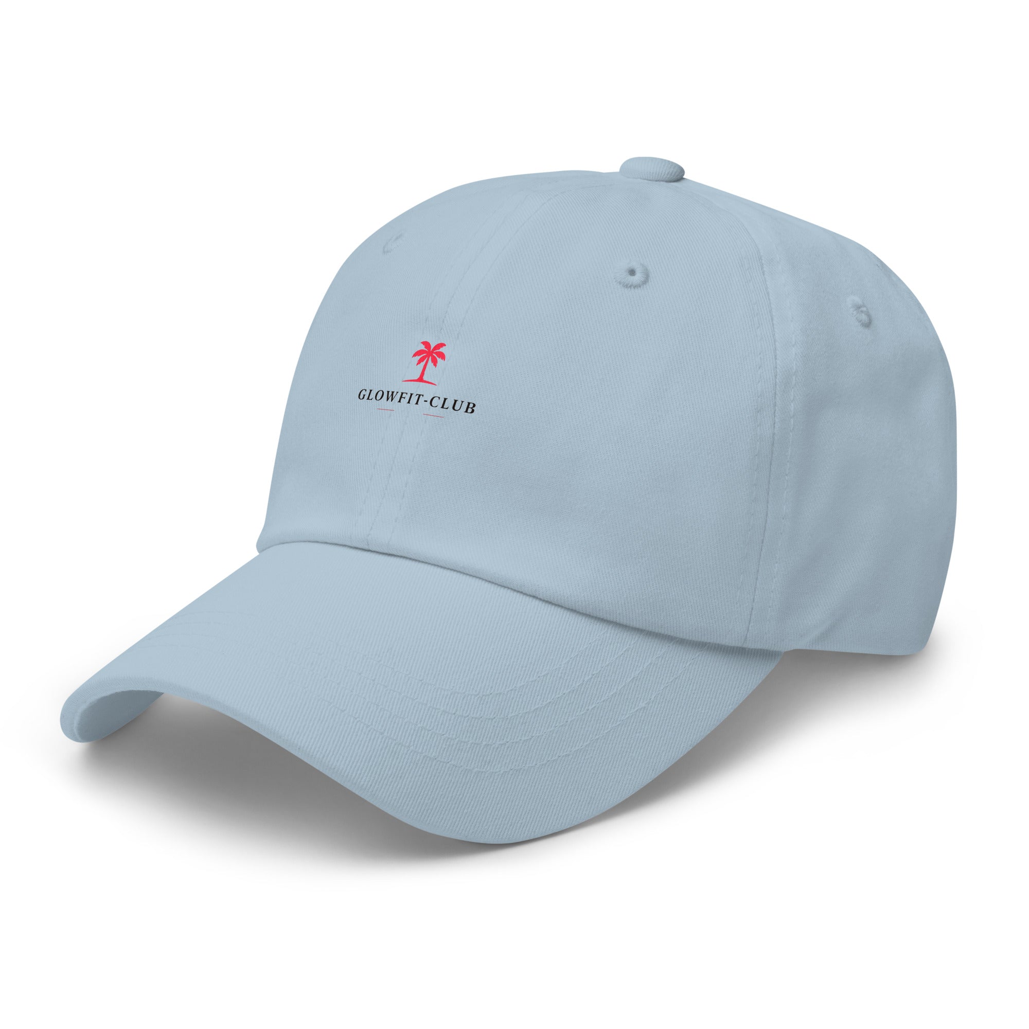 Casquette bleu clair vue arrière, logo « Glowfit-Club » et surpiqûres