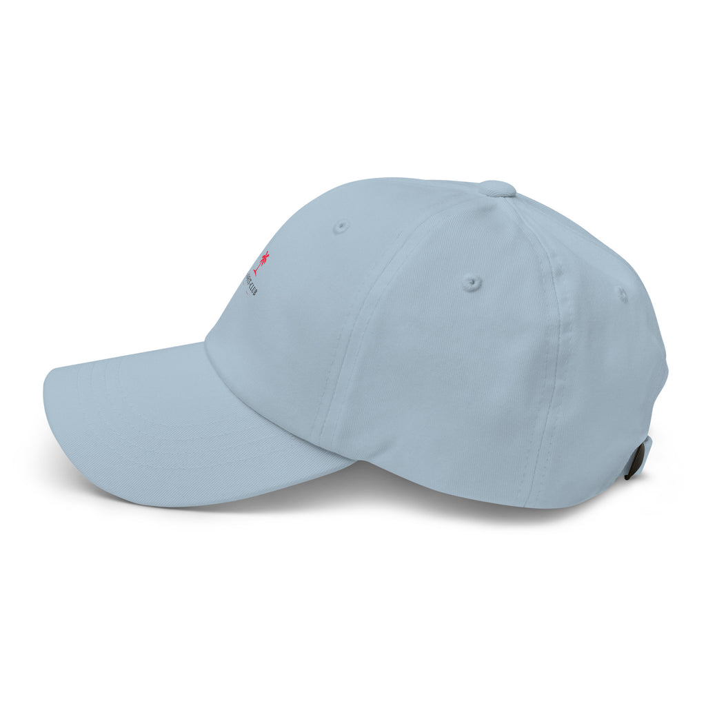 Casquette bleu clair vue 3/4, visière courbée et œillets de ventilation