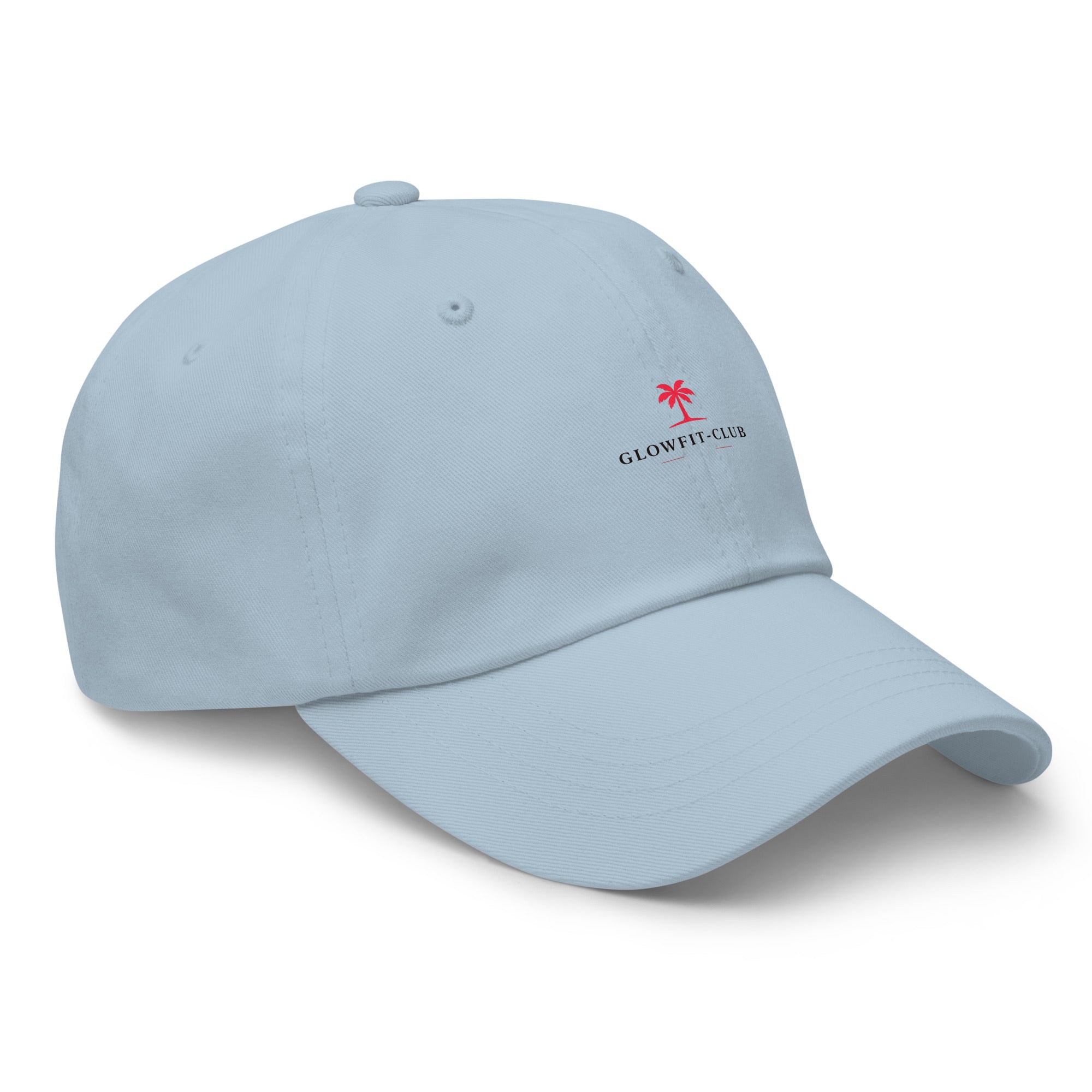 Casquette bleu clair avec visière courbée et logo « Glowfit-Club » sur le côté