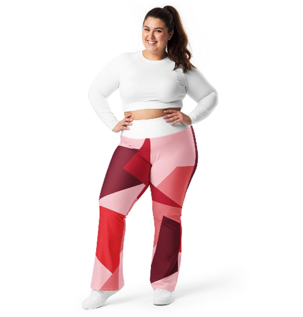 Legging évasé à taille haute, panneaux géométriques rose, rouge et bordeaux.