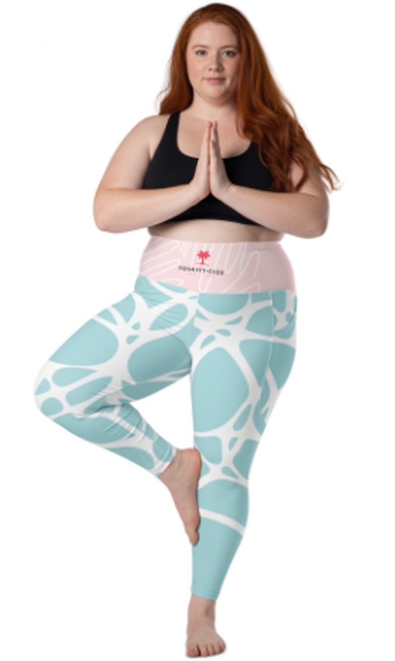 Leggings avec poches AQUA ROSA, imprimé turquoise, taille élastique et logo sur le devant