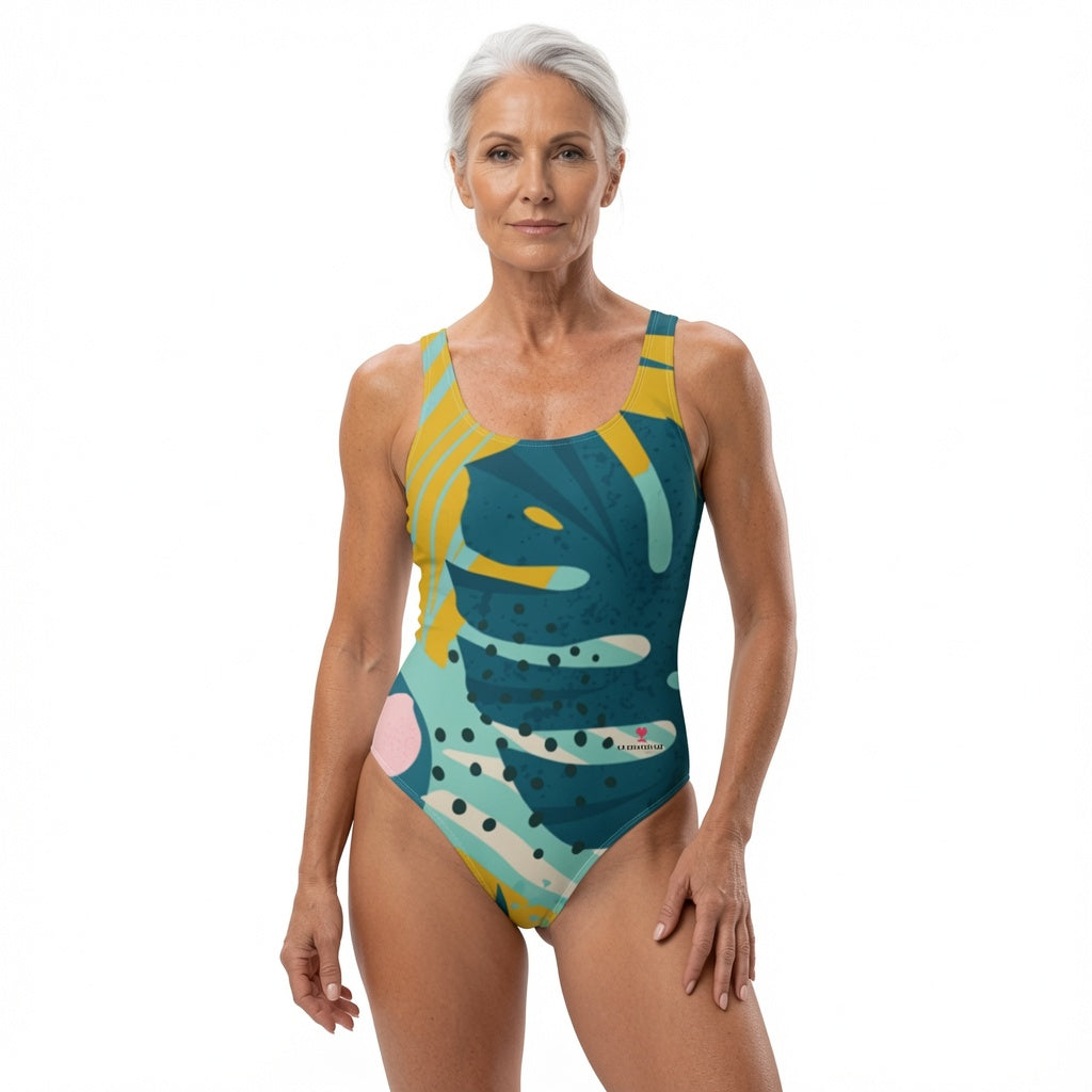 Maillot de bain une pièce AZZURA à bretelles fines, motif turquoise, jaune et rose.