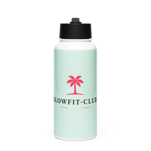 Bouteille d’eau vert menthe avec couvercle noir et logo rouge au centre.