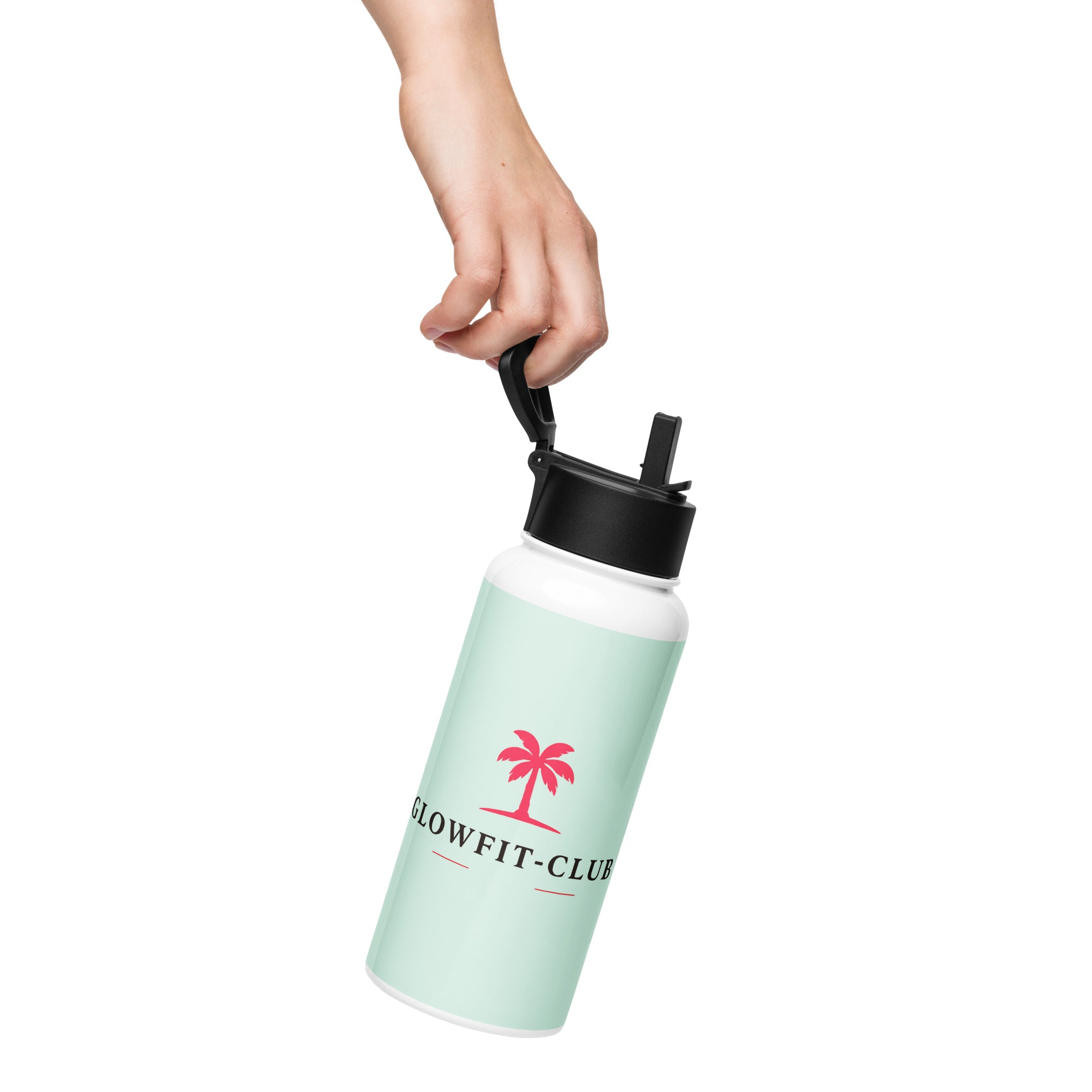 Bouteille d’eau vert menthe avec couvercle noir ouvert et bec verseur noir.