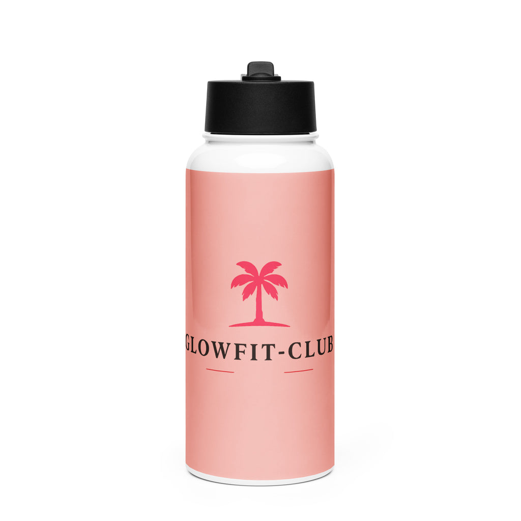 Gourde rose en acier inoxydable, logo GLOWFIT-CLUB, paille et couvercle noir
