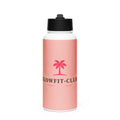 Gourde rose en acier inoxydable, logo GLOWFIT-CLUB, paille et couvercle noir