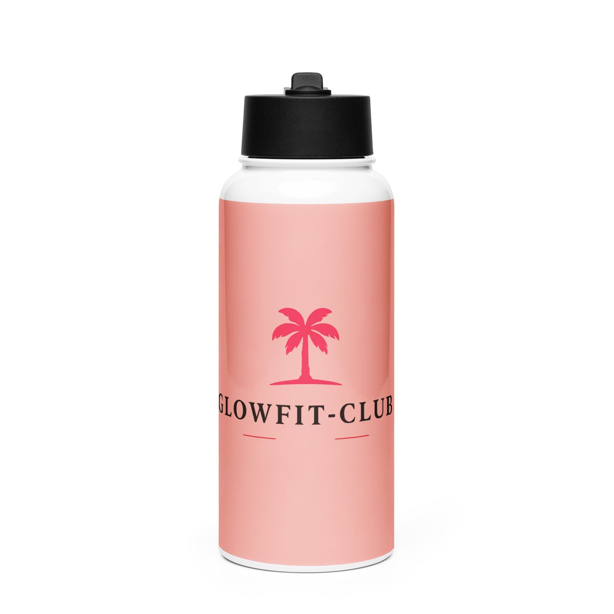 Gourde rose en acier inoxydable, logo GLOWFIT-CLUB, paille et couvercle noir