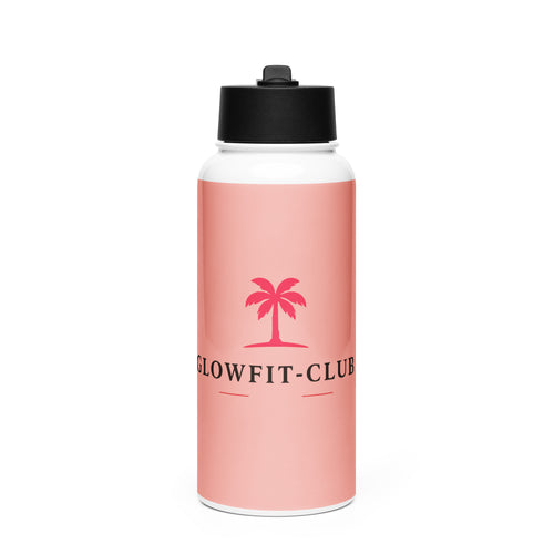 Gourde rose en acier inoxydable, logo GLOWFIT-CLUB, paille et couvercle noir