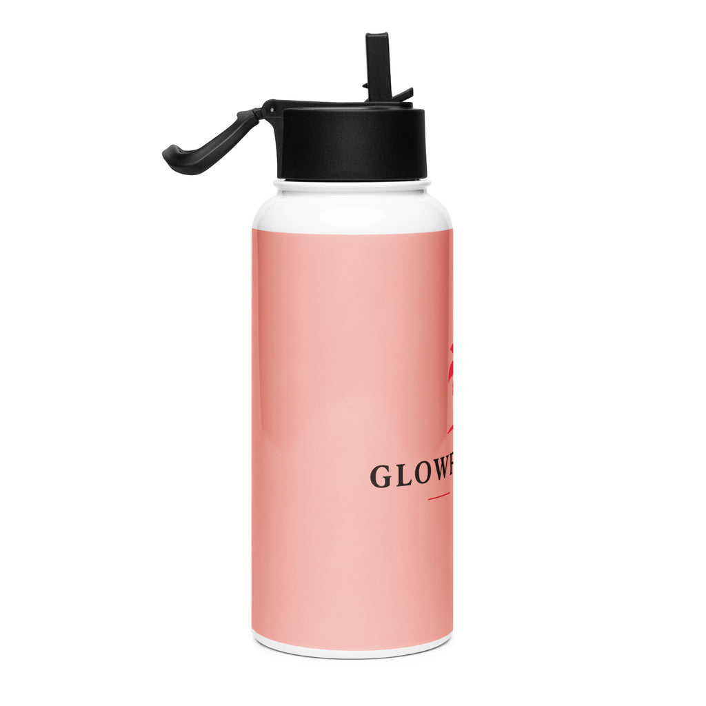 Gourde rose en acier inoxydable avec paille, couvercle noir, texte GLOW