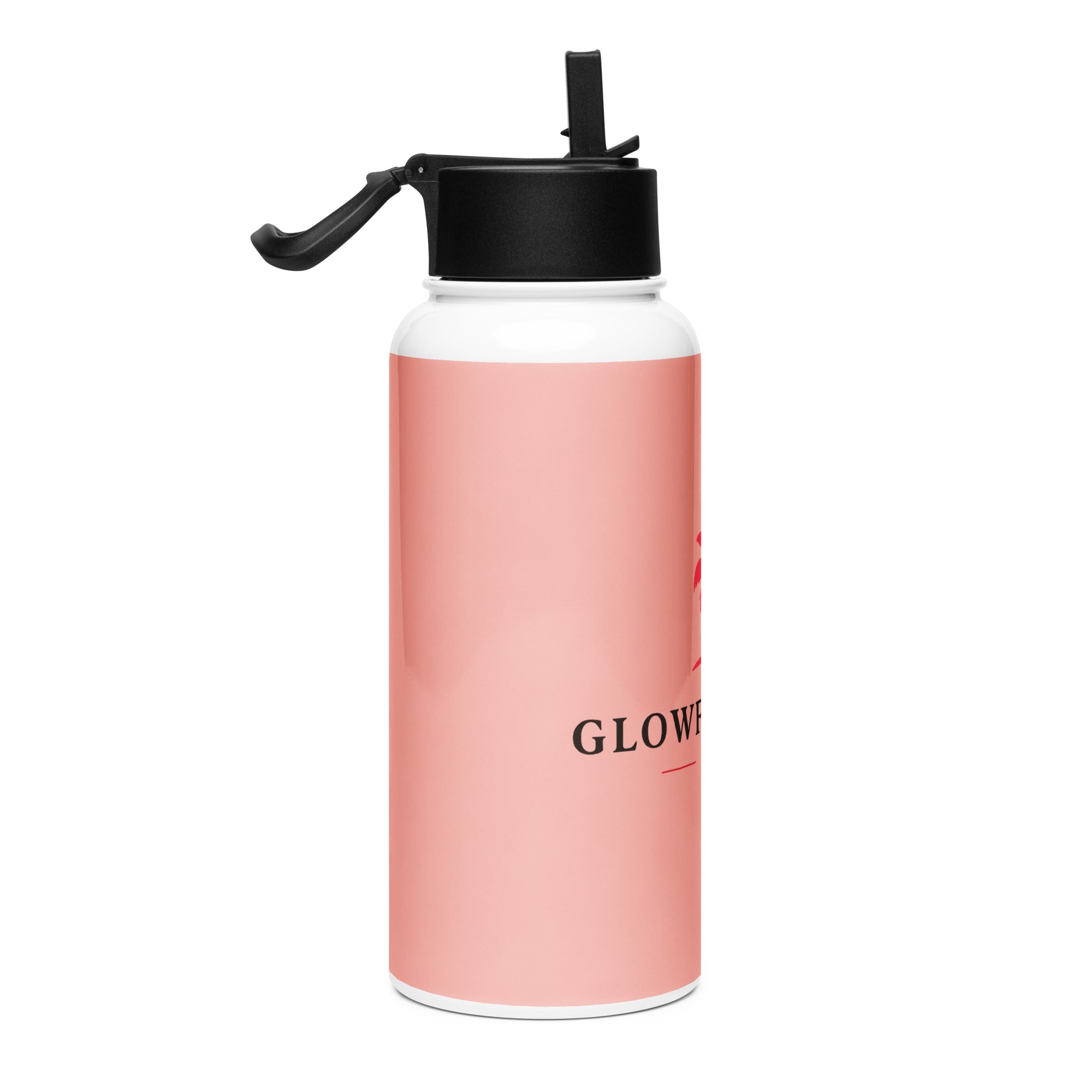 Gourde rose en acier inoxydable avec paille, couvercle noir, texte GLOW
