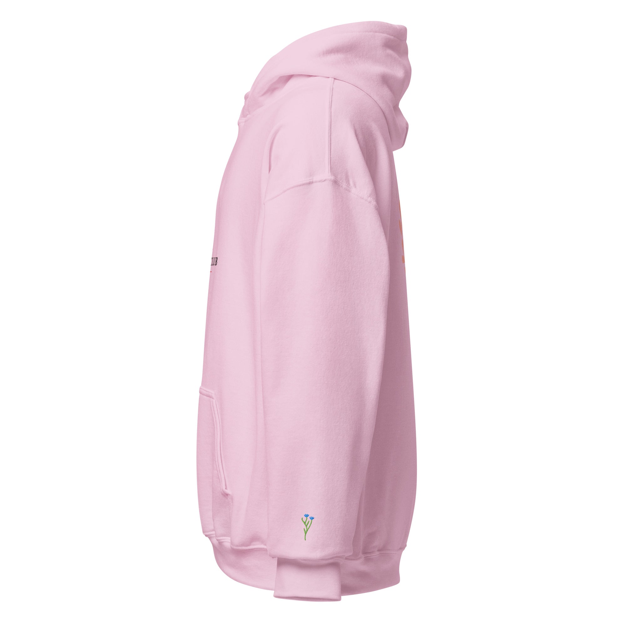 Sweat à capuche rose pâle vu de côté, coutures et poche kangourou visibles