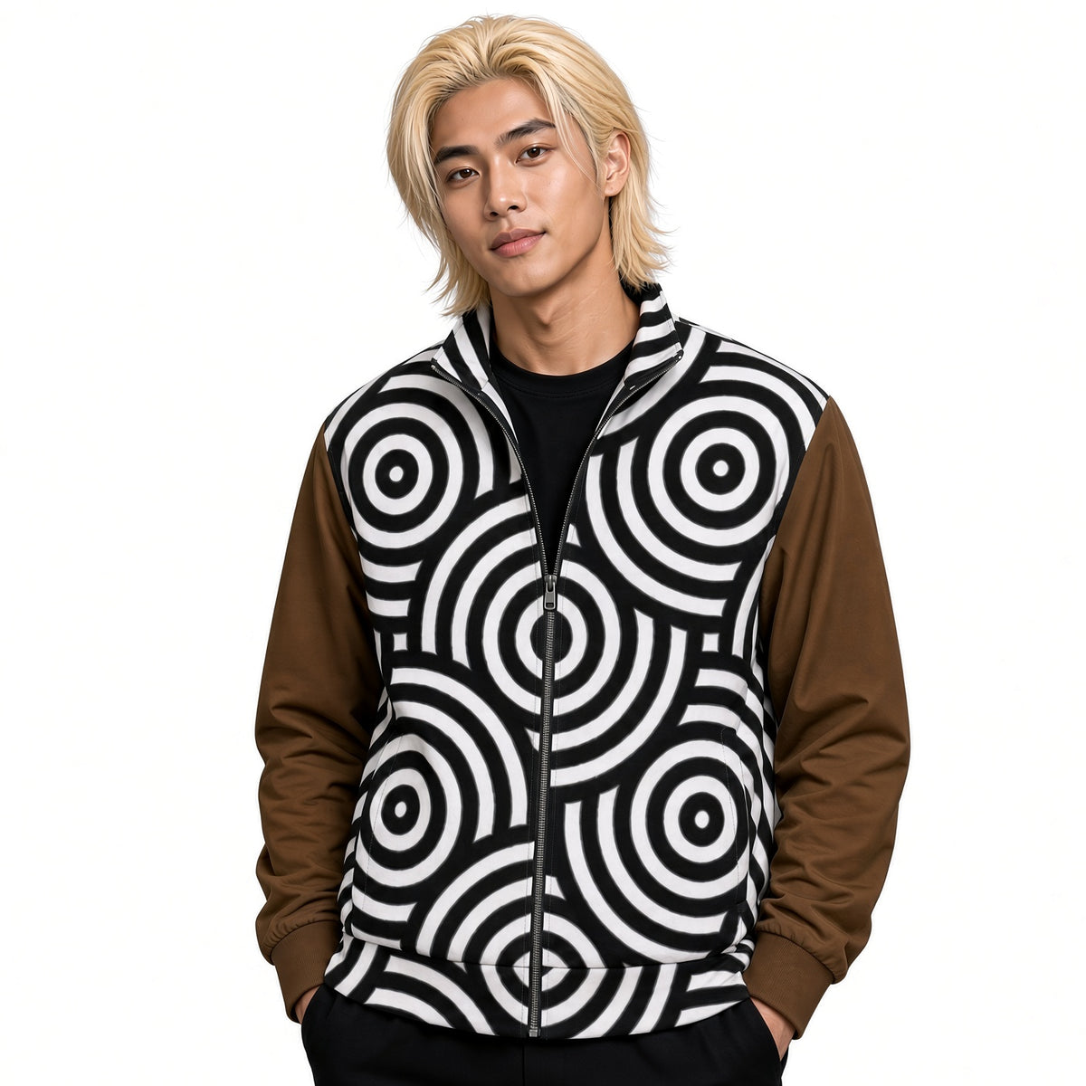 Veste de survêtement homme zippée, vue de face, motif cercles noir et blanc, manches marron, col montant