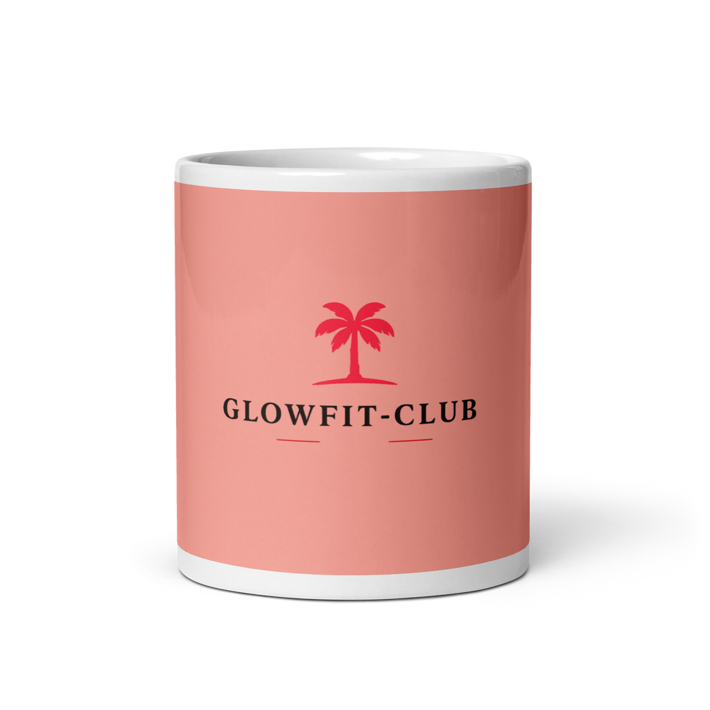 Mug rose brillant avec logo Glowfit-Club en rouge, bord intérieur blanc.