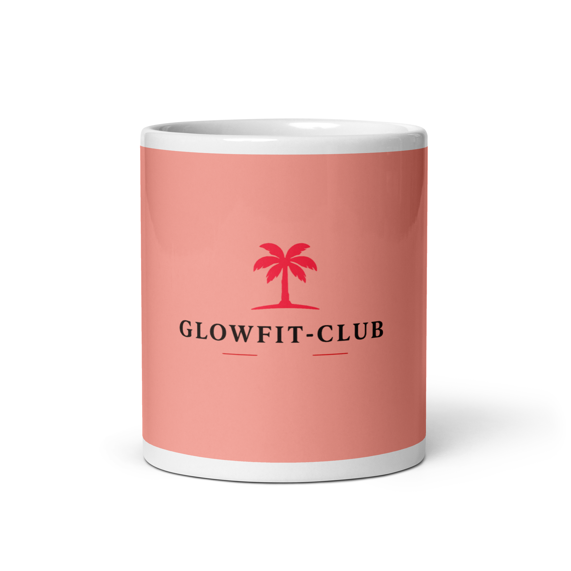 Mug rose brillant avec logo Glowfit-Club en rouge, bord intérieur blanc.