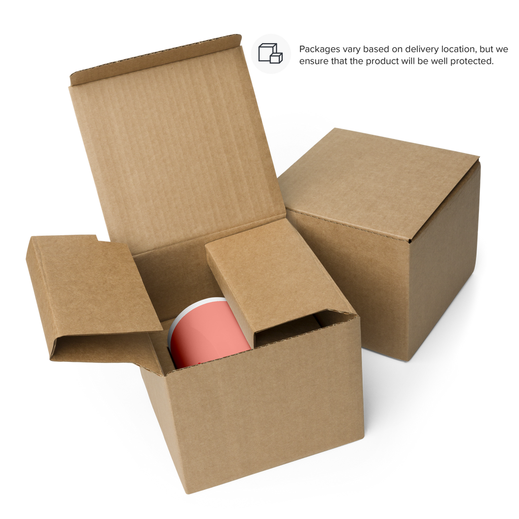 Mug rose brillant emballé dans un carton kraft, logo Glowfit-Club visible.