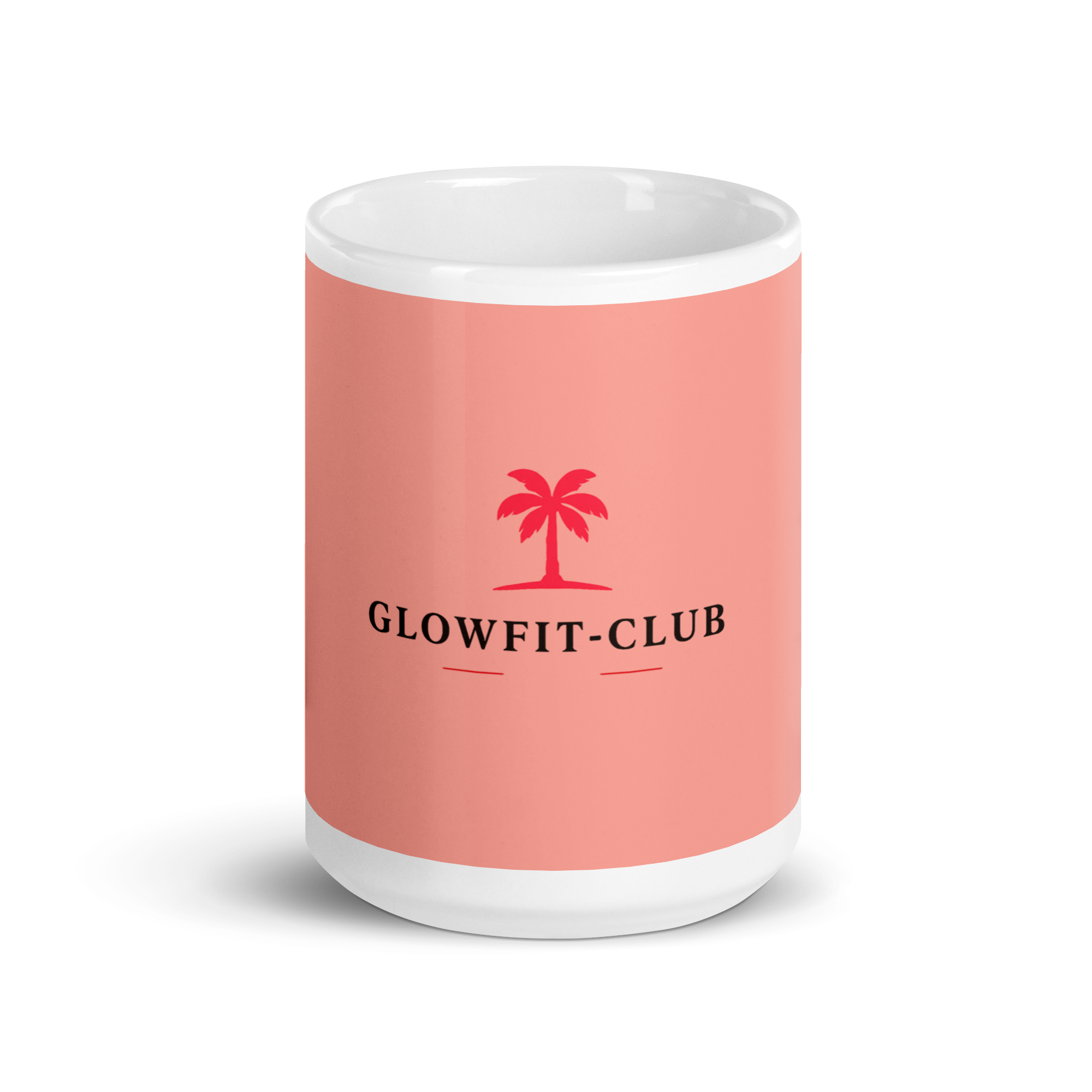 Mug en céramique rose brillant avec intérieur blanc et logo Glowfit-Club.