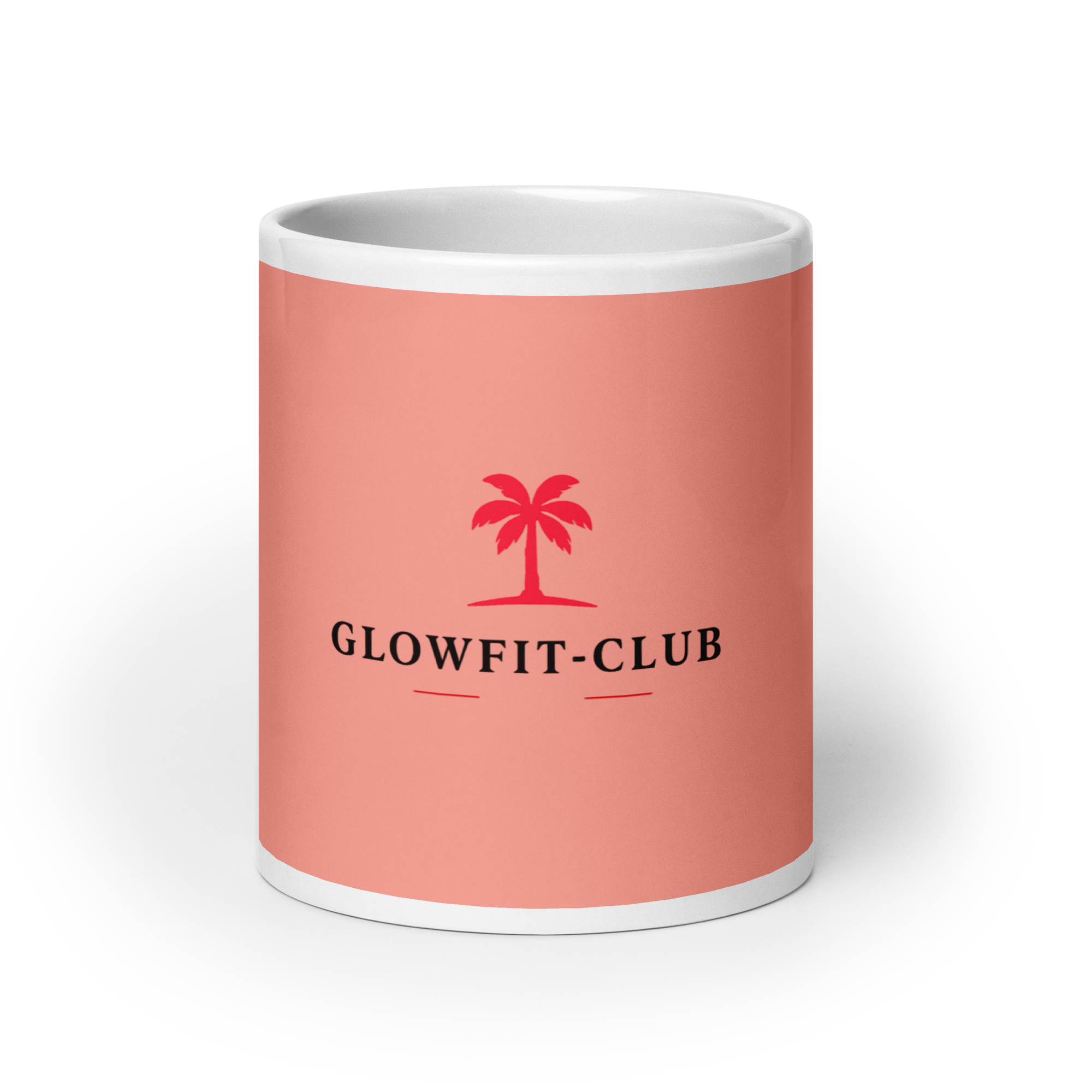 Mug rose brillant Glowfit-Club avec logo palmier rouge, intérieur blanc.