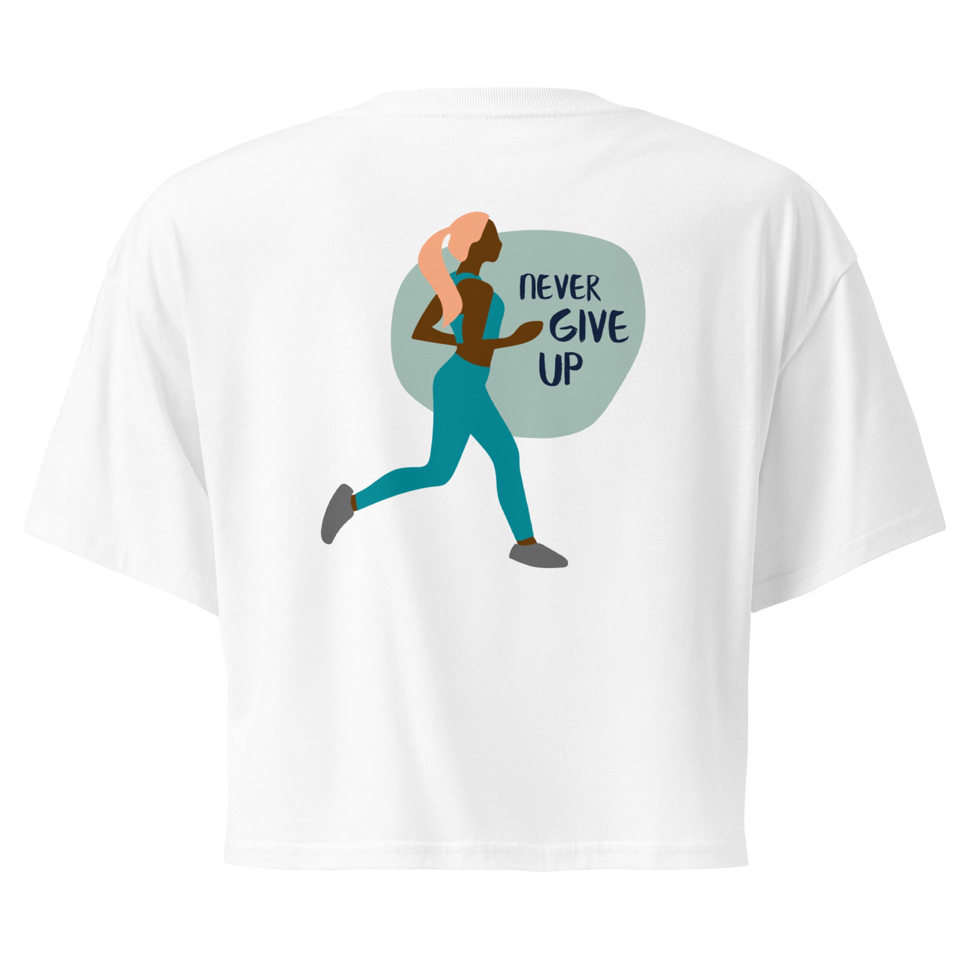 Crop top court blanc, dos avec illustration et texte « NEVER GIVE UP ».