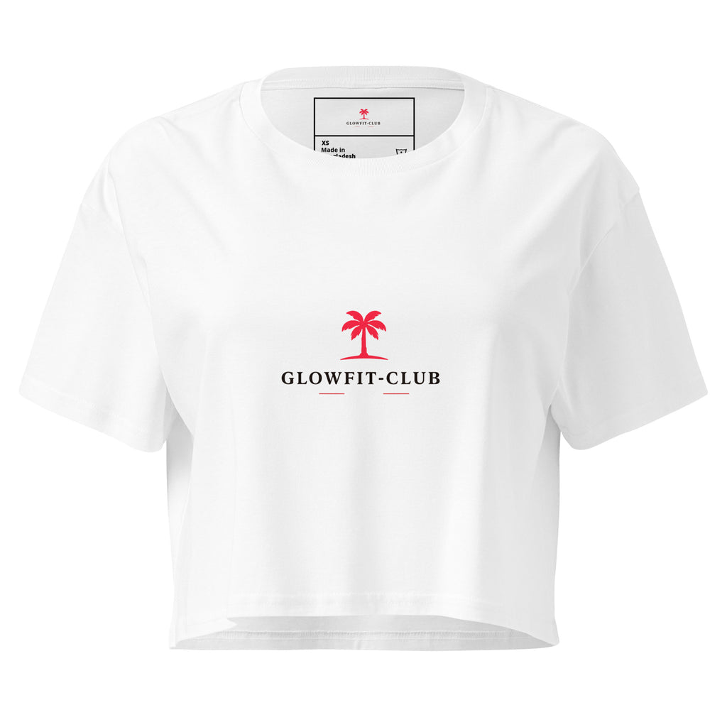 Crop top court blanc, encolure ronde, logo Glowfit-club et palmier rouge.