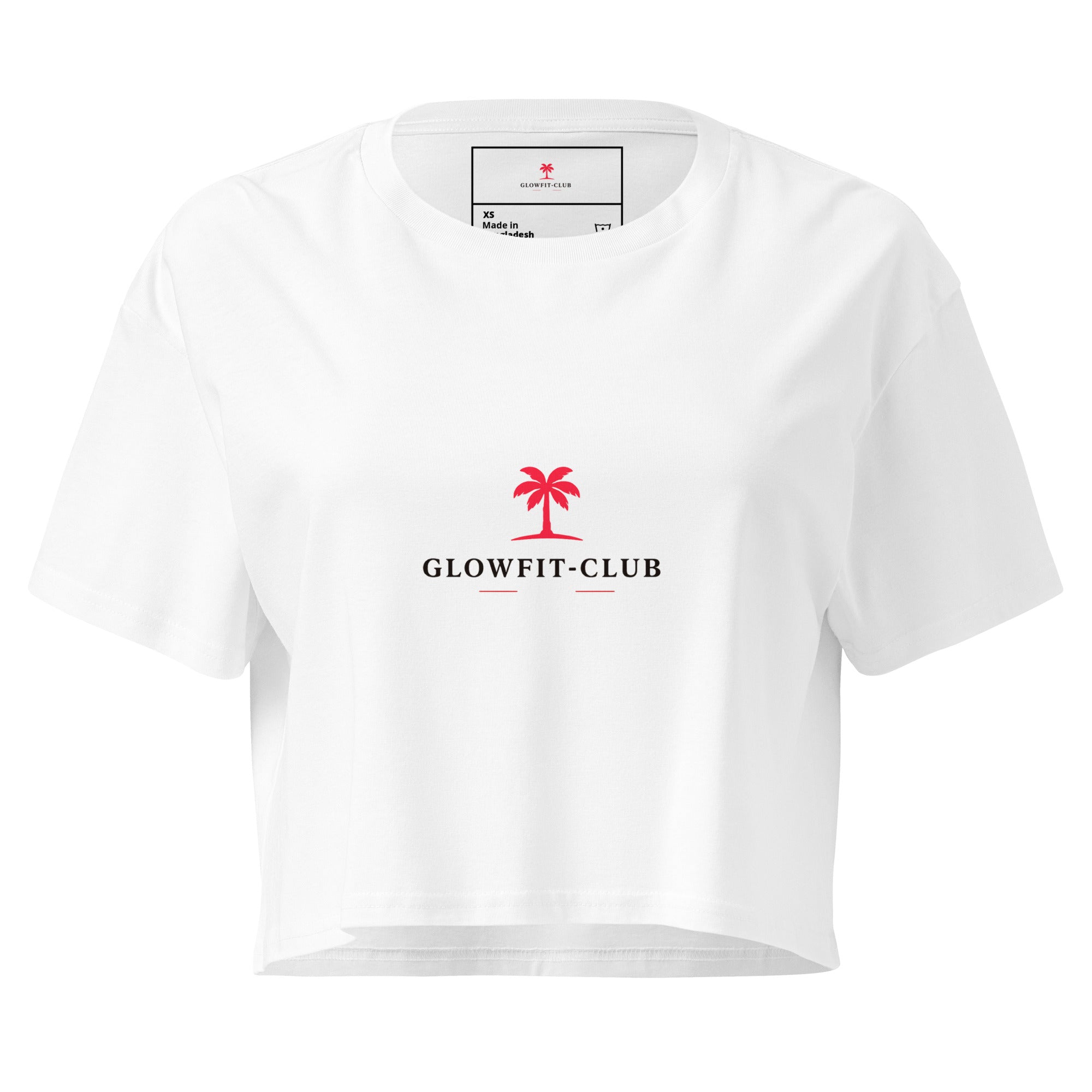Crop top court blanc, encolure ronde, logo Glowfit-club et palmier rouge.