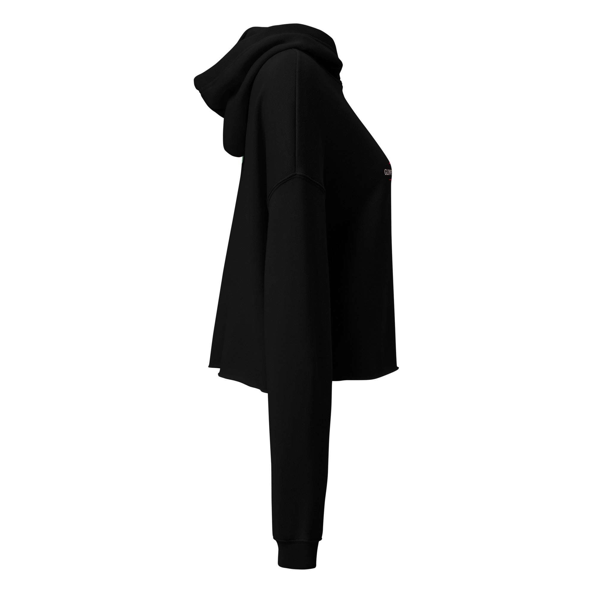 Sweat à capuche court noir, vue arrière avec capuche et ourlet