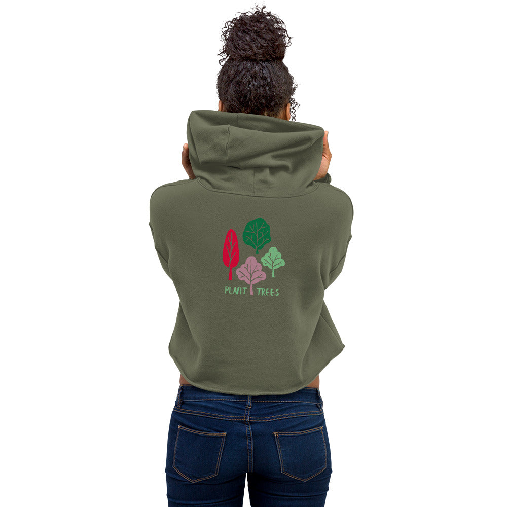 Sweat à capuche court kaki vu de dos, capuche et motif PLANT TREES