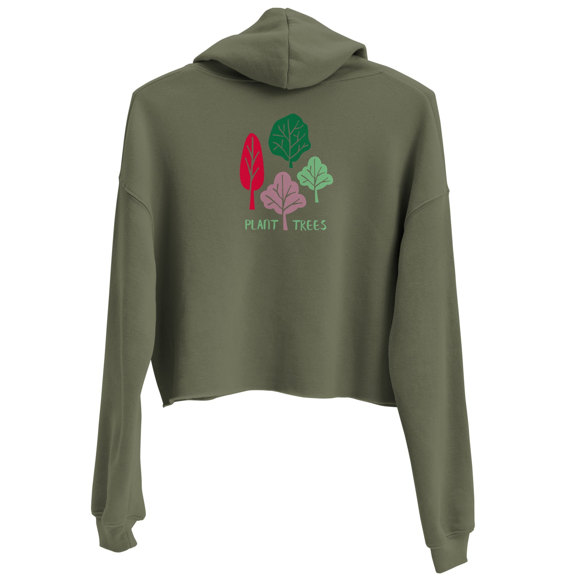 Sweat à capuche court kaki, grand motif PLANT TREES dans le dos