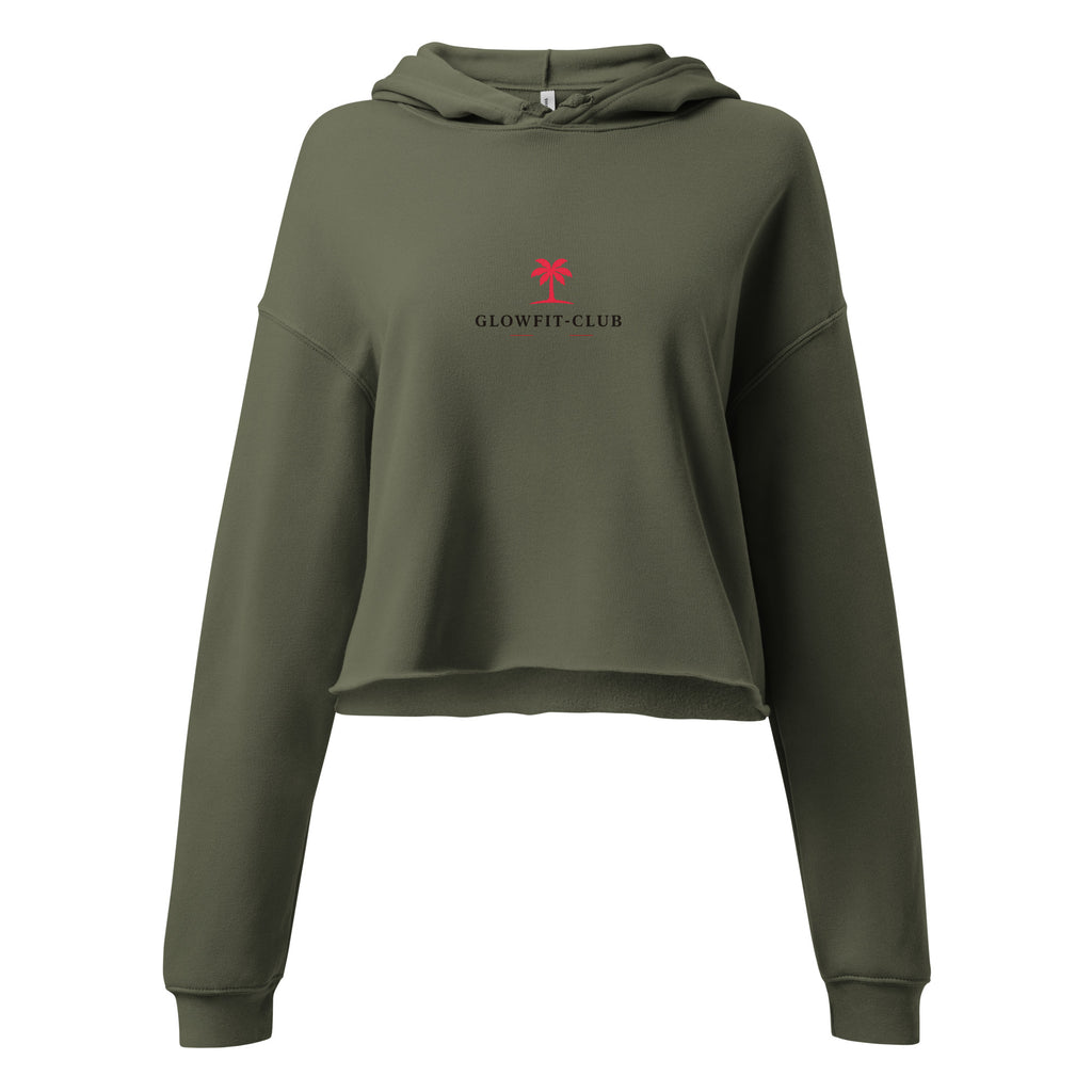 Haut sweat court vert olive à capuche, logo Glowfit-Club et motif Plant Trees
