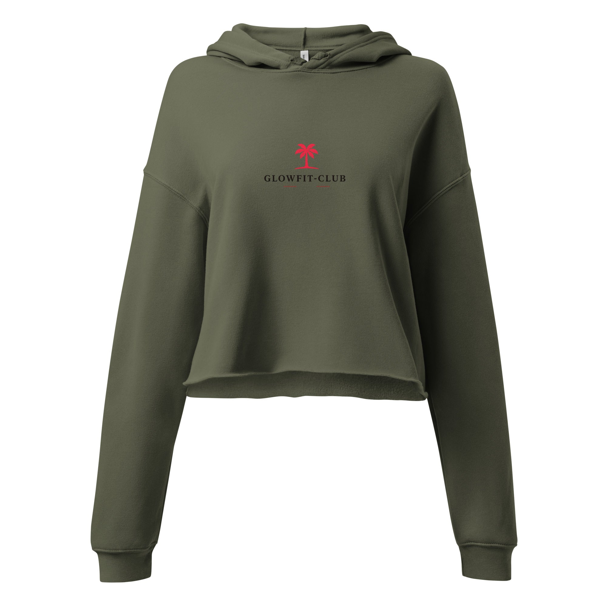 Haut sweat court vert olive à capuche, logo Glowfit-Club et motif Plant Trees