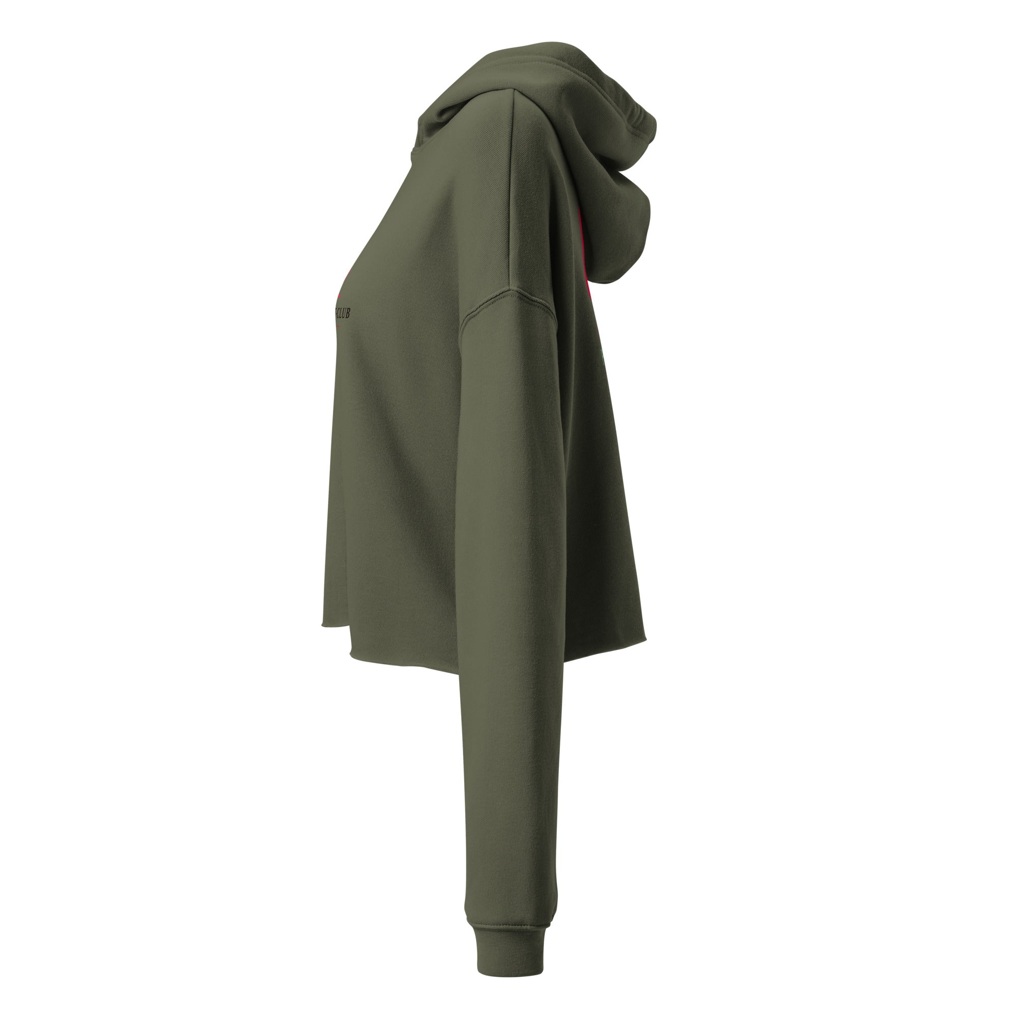 Haut sweat court vert olive à capuche, vue de côté, manches longues