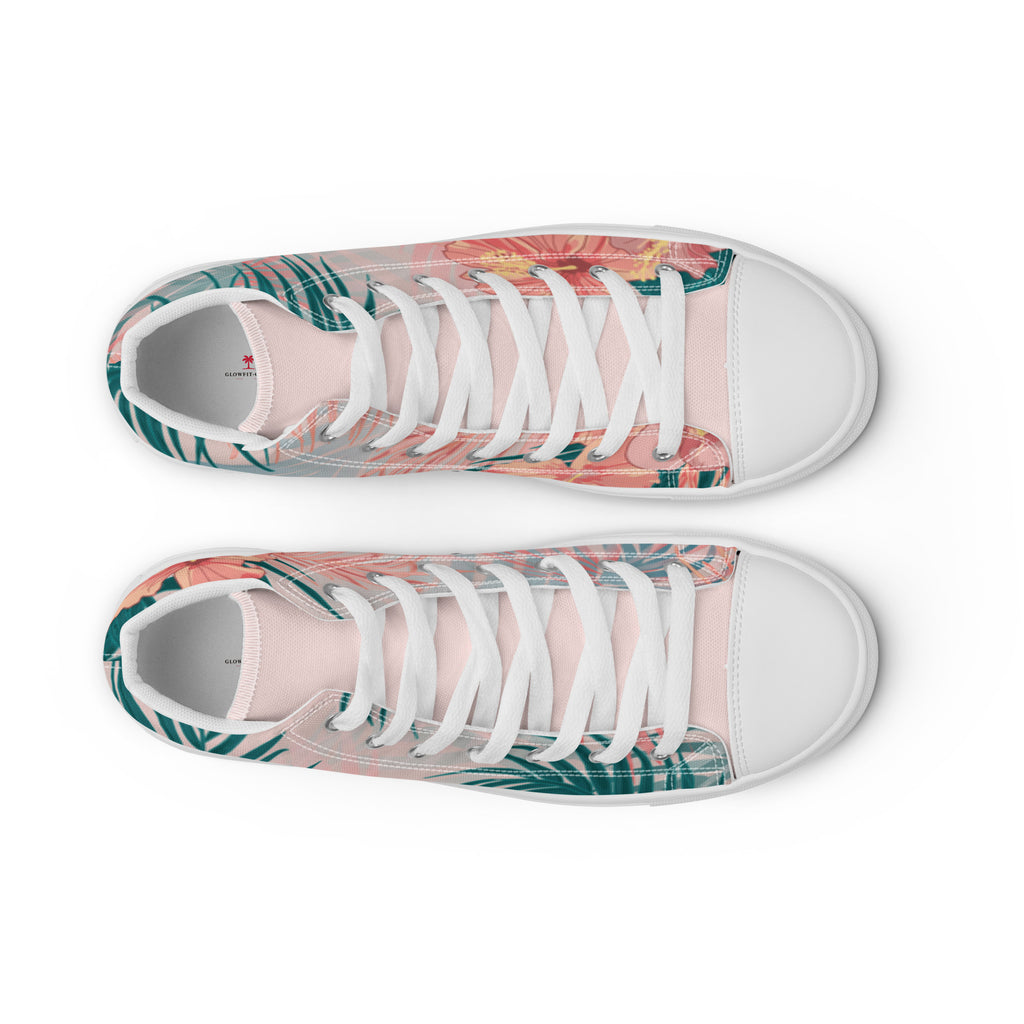 Baskets montantes en toile imprimé tropical, vue dessus avec lacets blancs