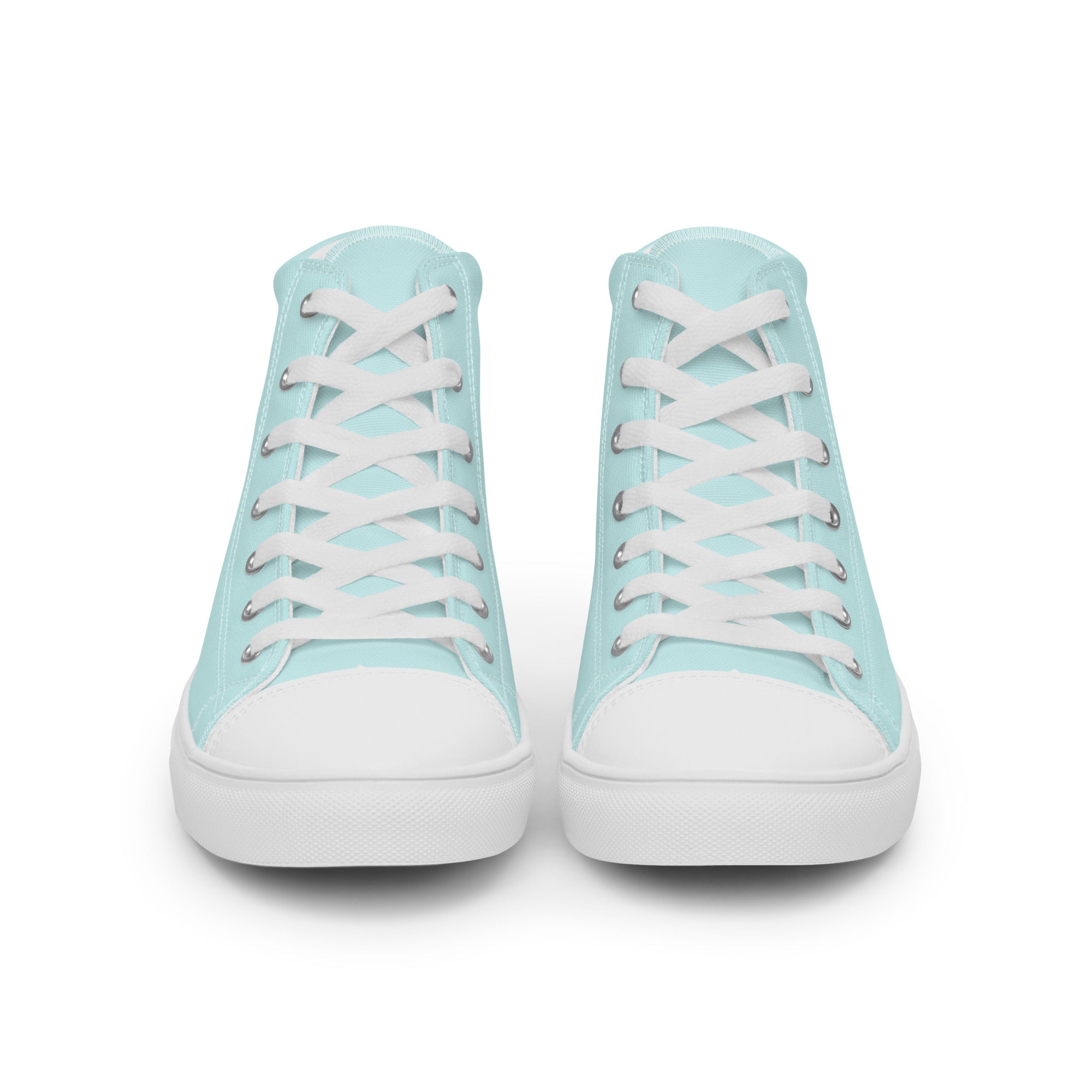 Paires de baskets hautes en toile bleu clair, lacets blancs et semelle blanche.