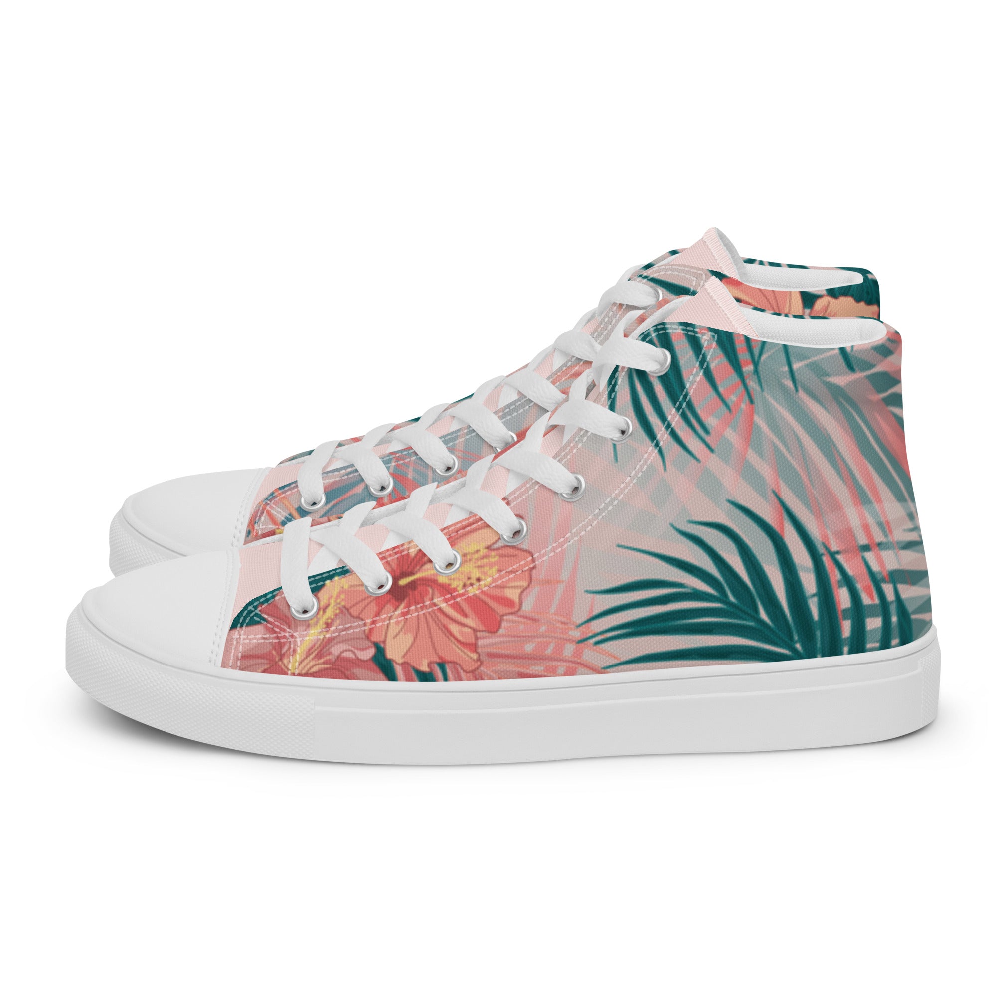 Baskets montantes en toile imprimé fleurs et feuilles, côté profil, lacets blancs