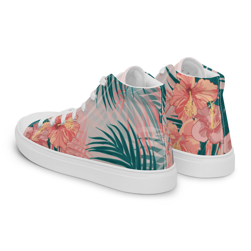 Baskets montantes en toile imprimé tropical, vue trois-quarts arrière, semelle blanche