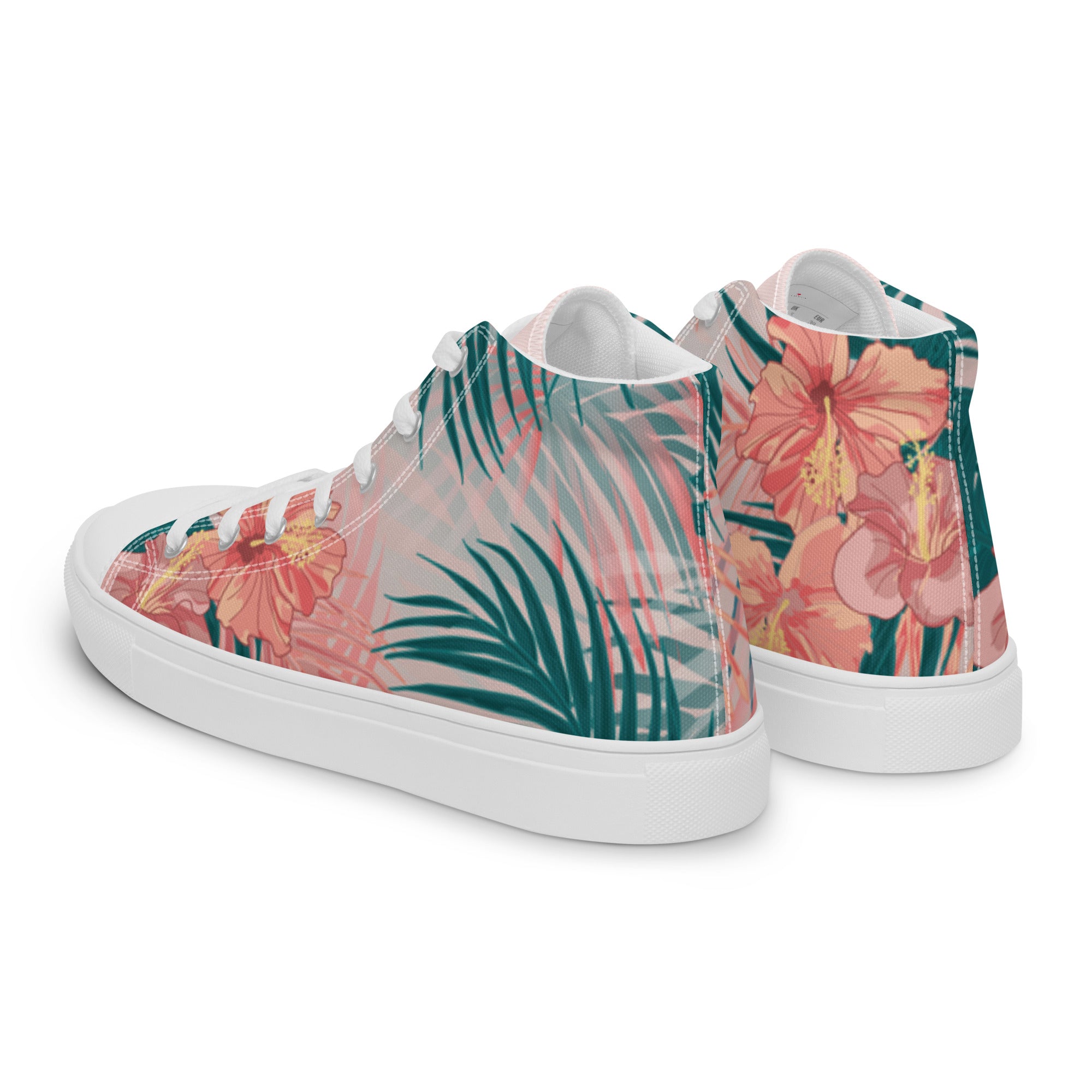 Baskets montantes en toile imprimé tropical, vue trois-quarts arrière, semelle blanche