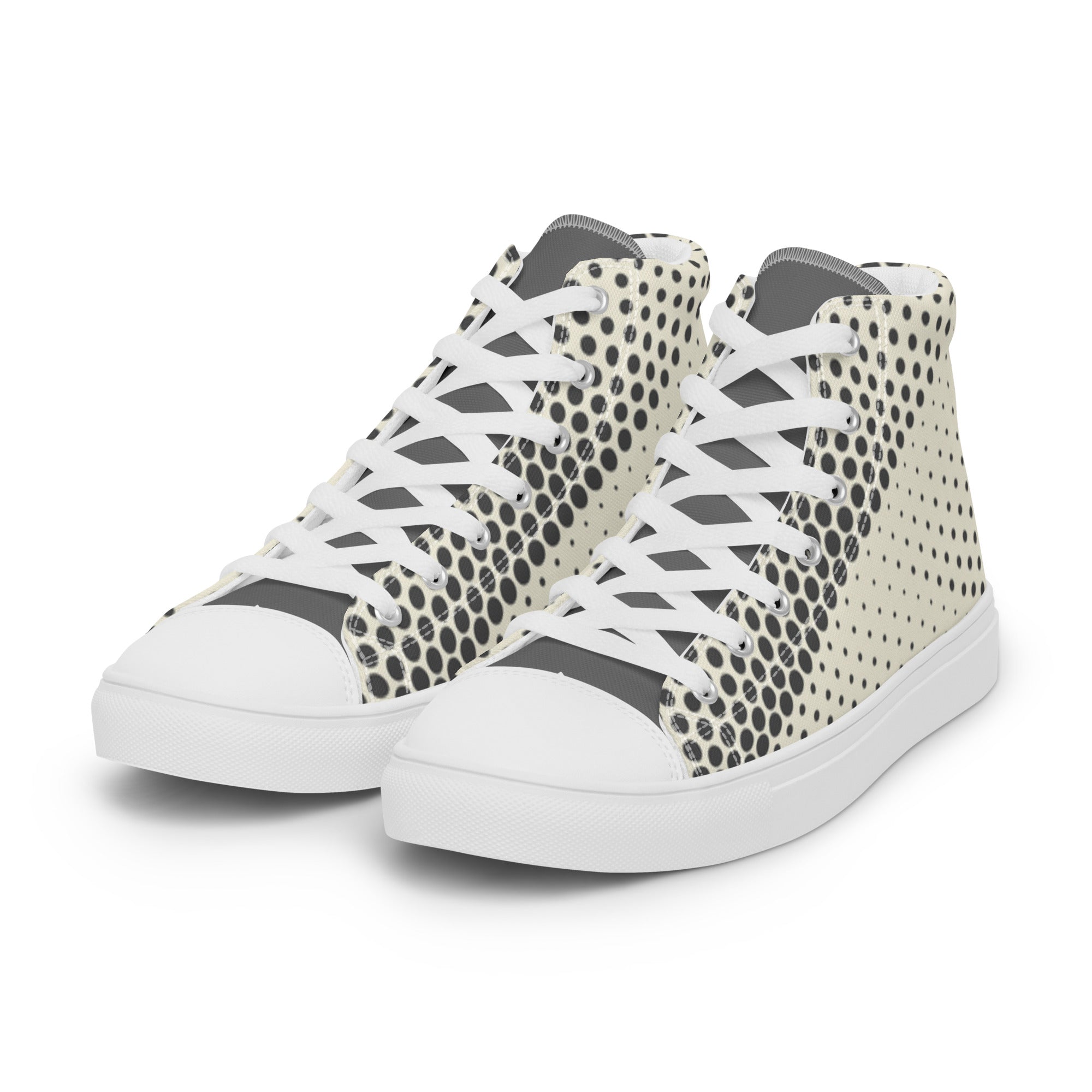 Baskets hautes en toile crème à pois noirs, laçage blanc, vue 3/4.