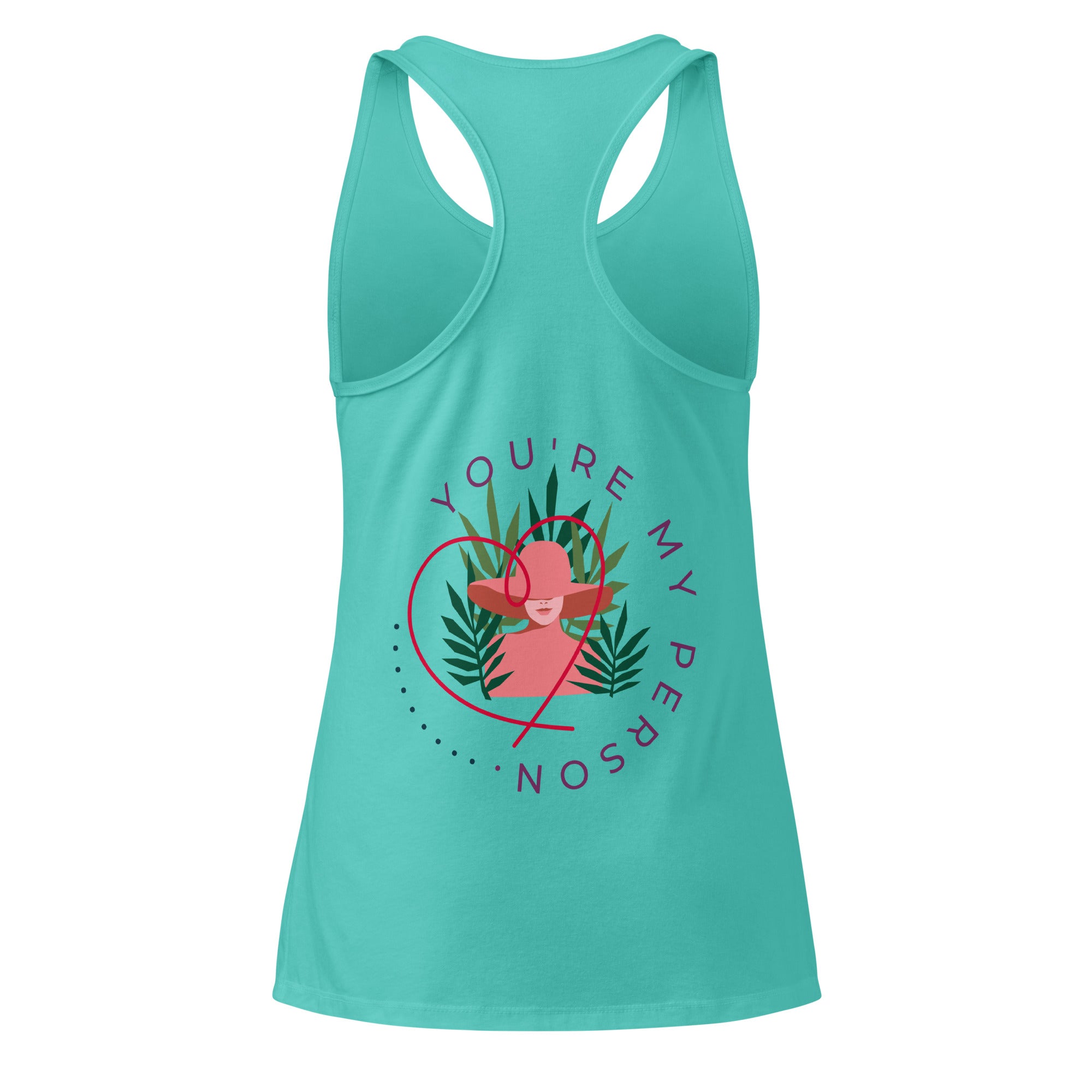 Débardeur turquoise dos nageur avec imprimé floral et texte circulaire.