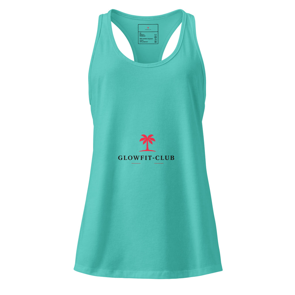 Débardeur turquoise dos nageur avec logo palmier et texte GLOWFIT-CLUB.