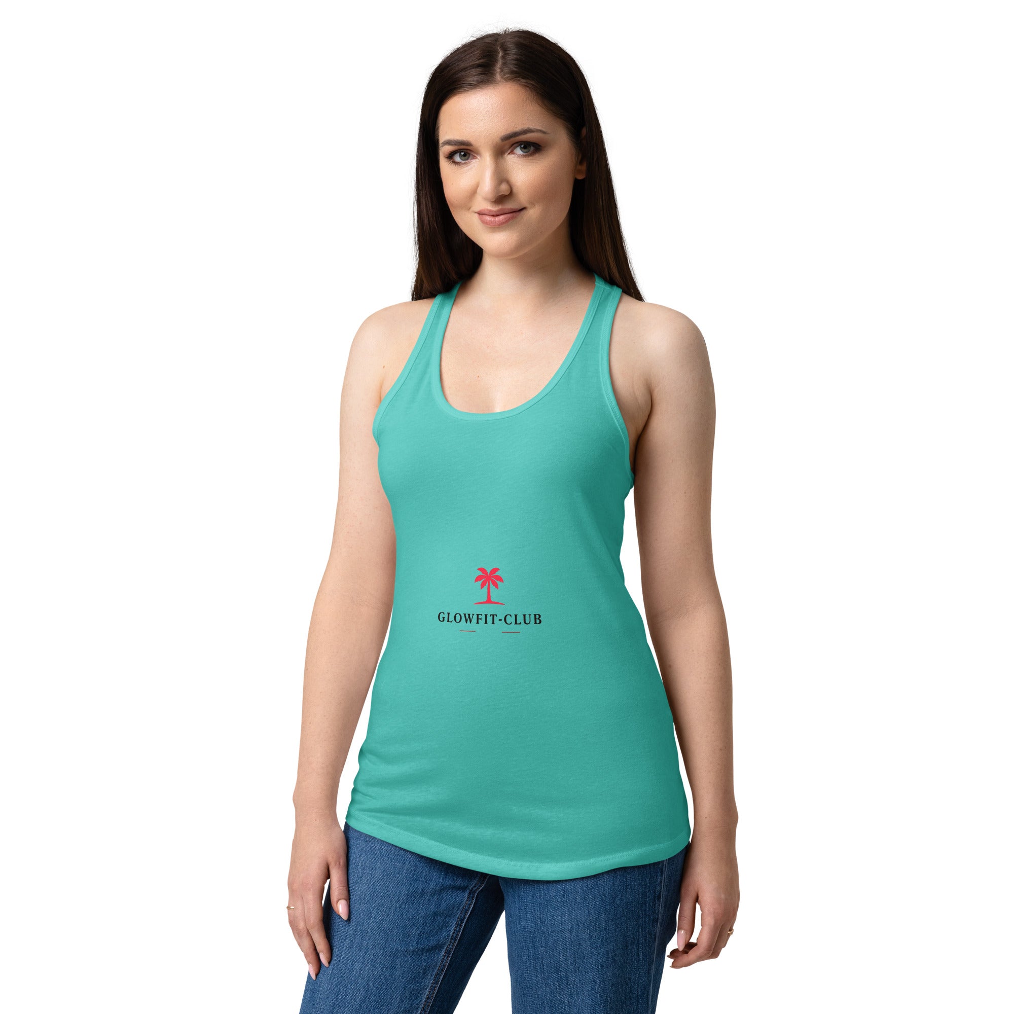 Débardeur turquoise ajusté à dos nageur avec petit logo GLOWFIT-CLUB.