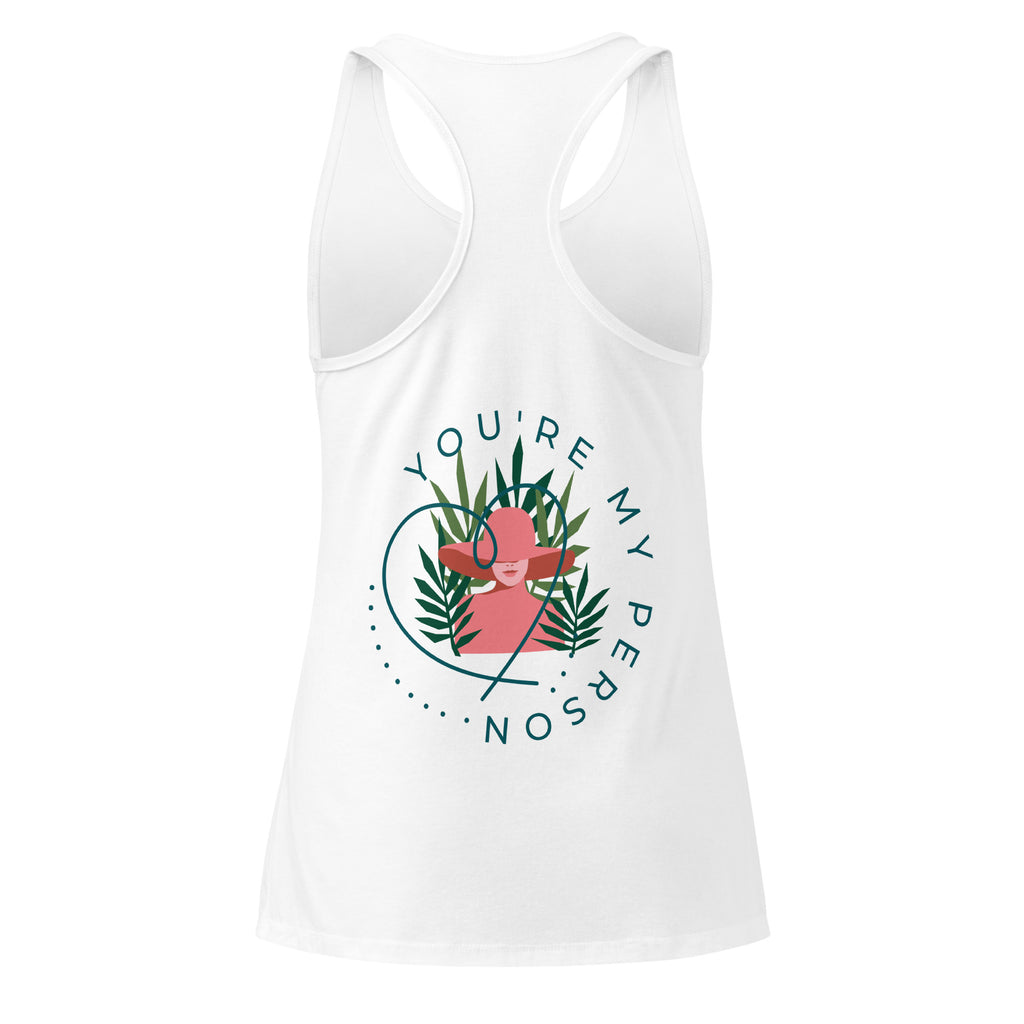 Débardeur dos nageur blanc, encolure échancrée, logo circulaire plantes et figure rose.