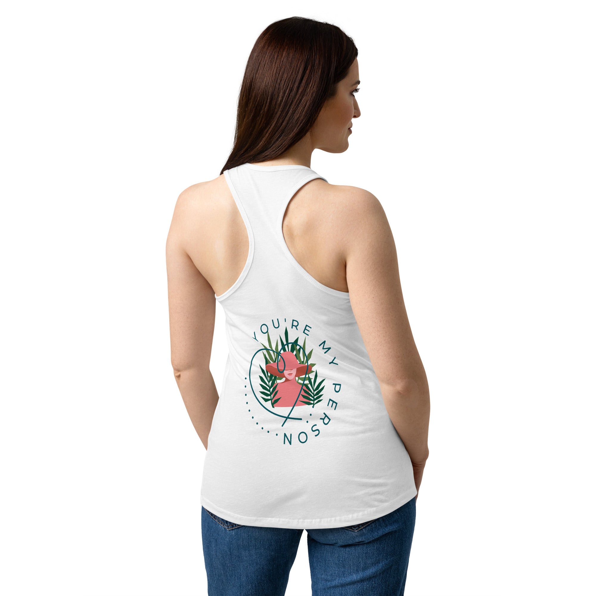 Débardeur dos nageur blanc, vue dos, illustration circulaire plantes et figure rose.