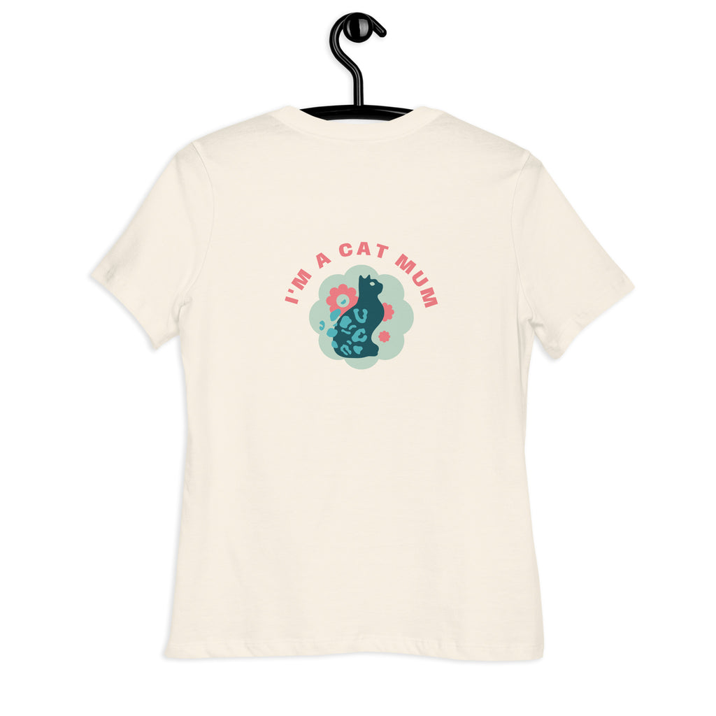 T-shirt crème dos avec motif chat bleu-vert et texte « I'M A CAT MUM »