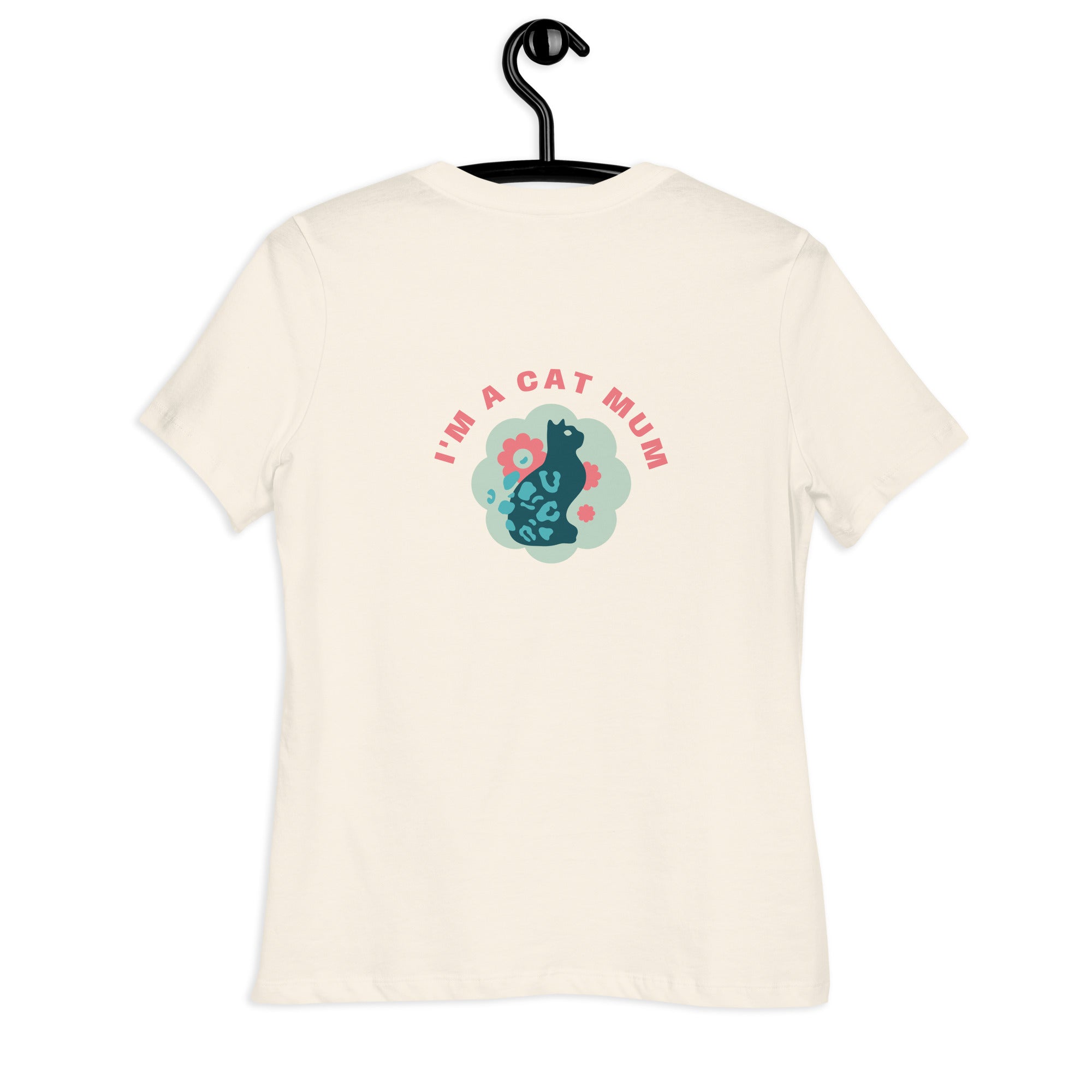 T-shirt crème dos avec motif chat bleu-vert et texte « I'M A CAT MUM »