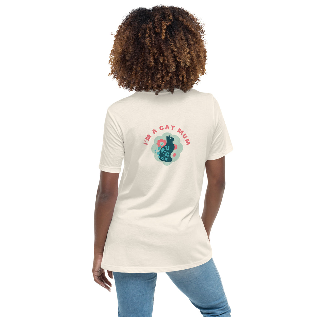 T-shirt crème dos avec texte « I'M A CAT MUM » et motif chat coloré