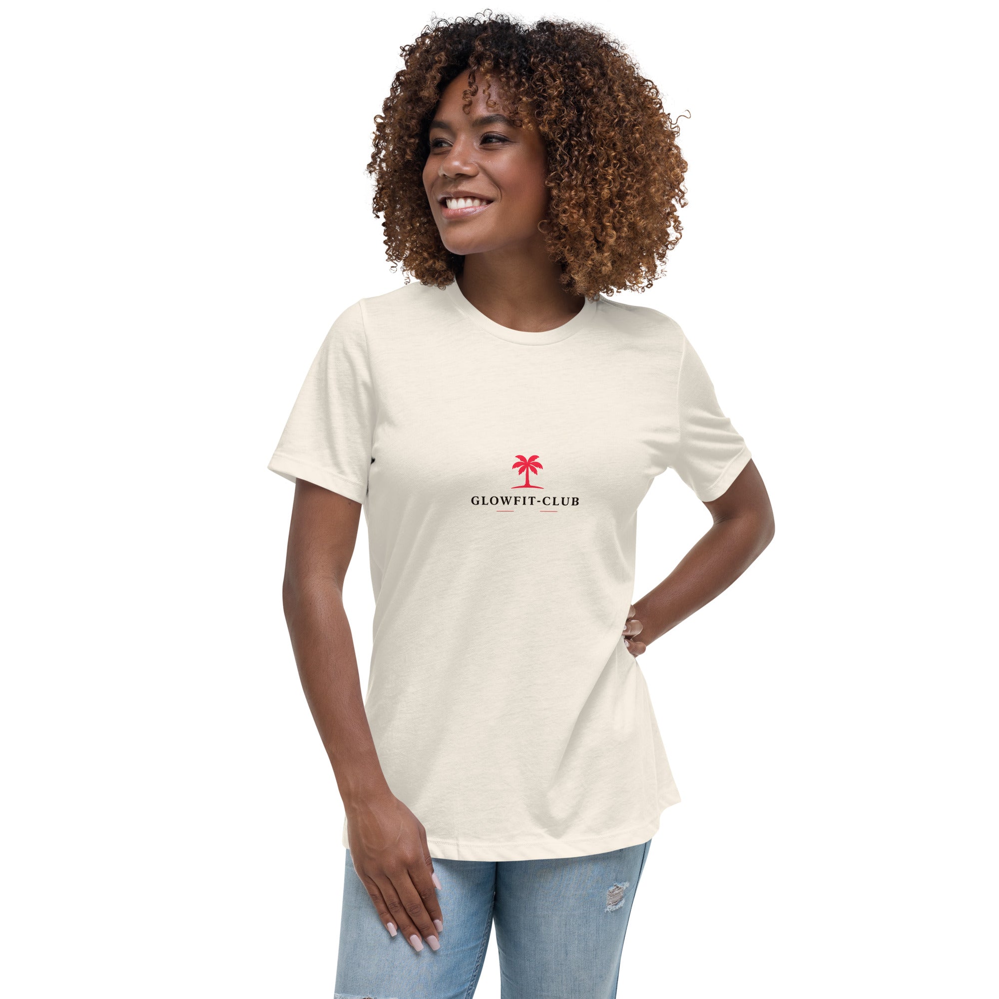 T-shirt crème col rond avec petit logo rouge « GLOWFIT-CLUB »